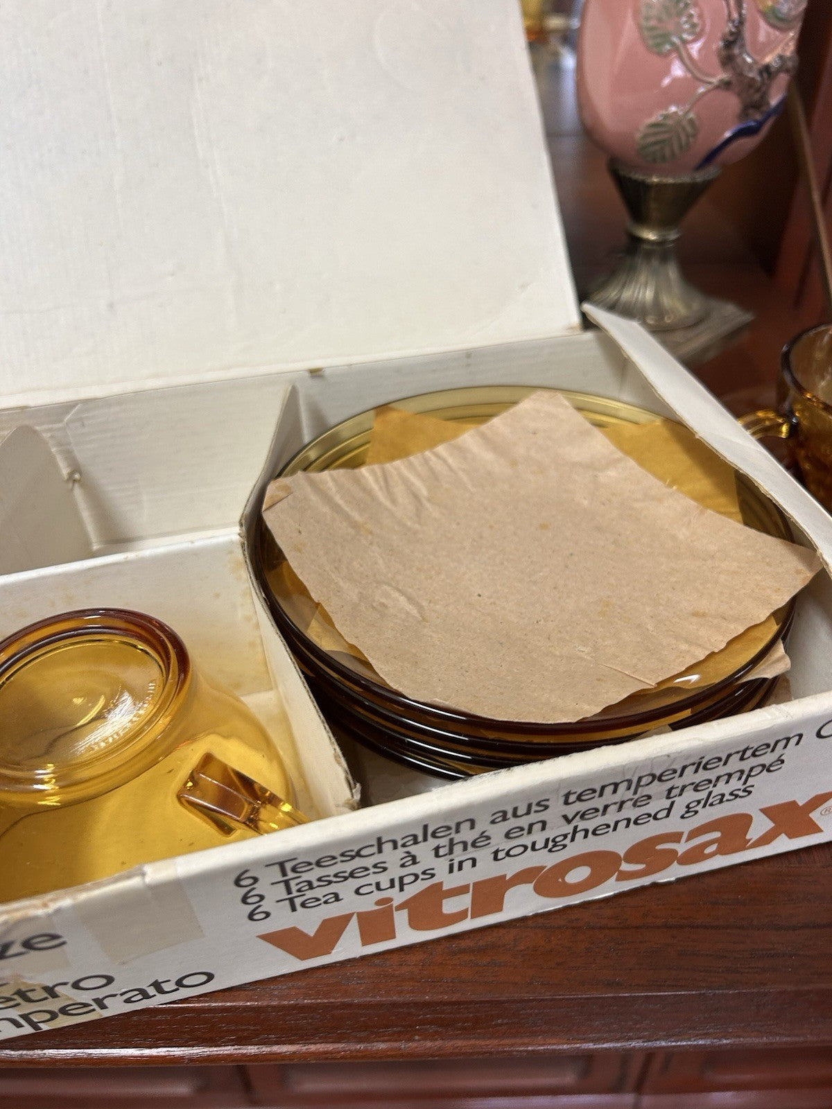 Vintage Bormioli Amber Glass Tea Set 6 Cups & Saucers Boxed Italian