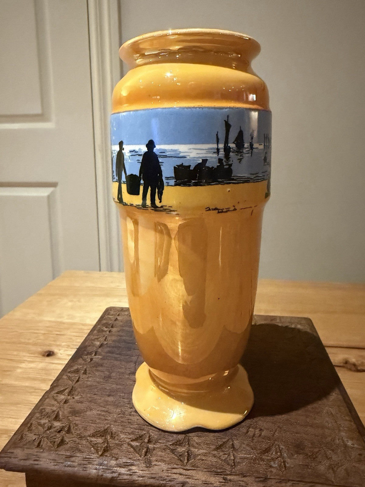 Antique Lancaster & Sons Hanley Footed Orange Lusterware Vase Seaside Fishermen