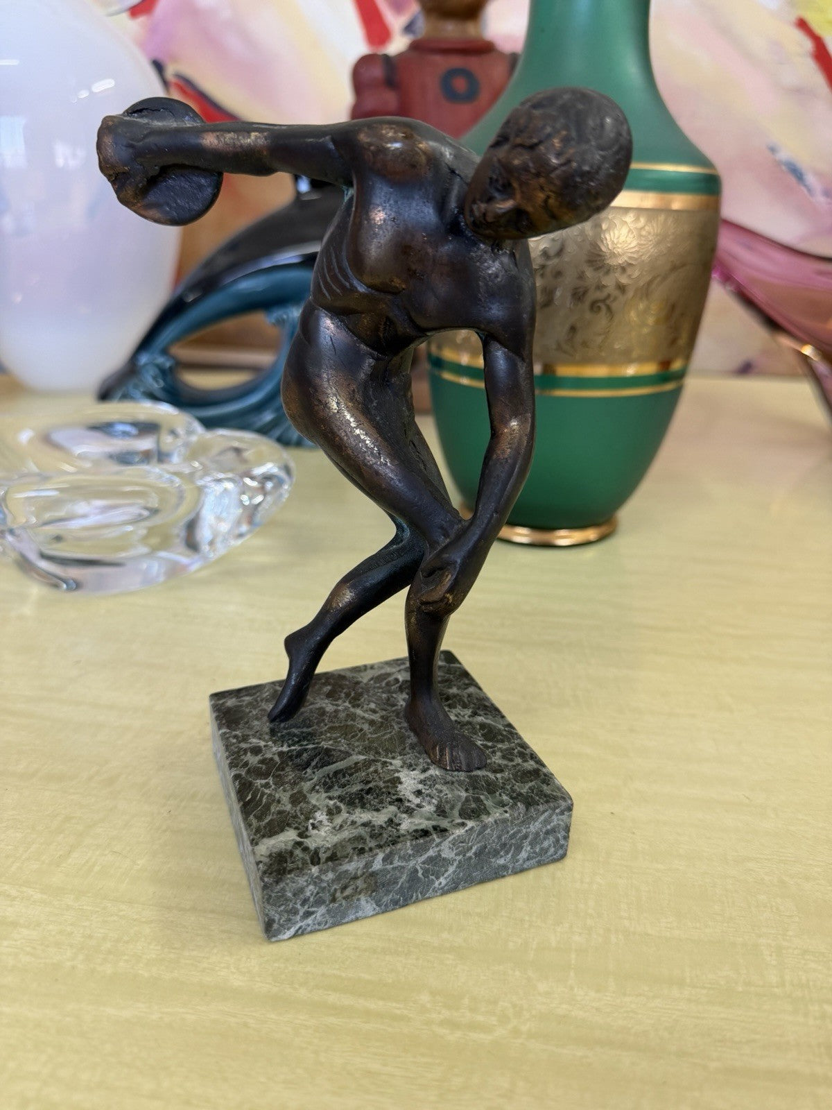 Vintage Bronze Discus Thrower Athlete Sculpture Marble Base Classical Figure