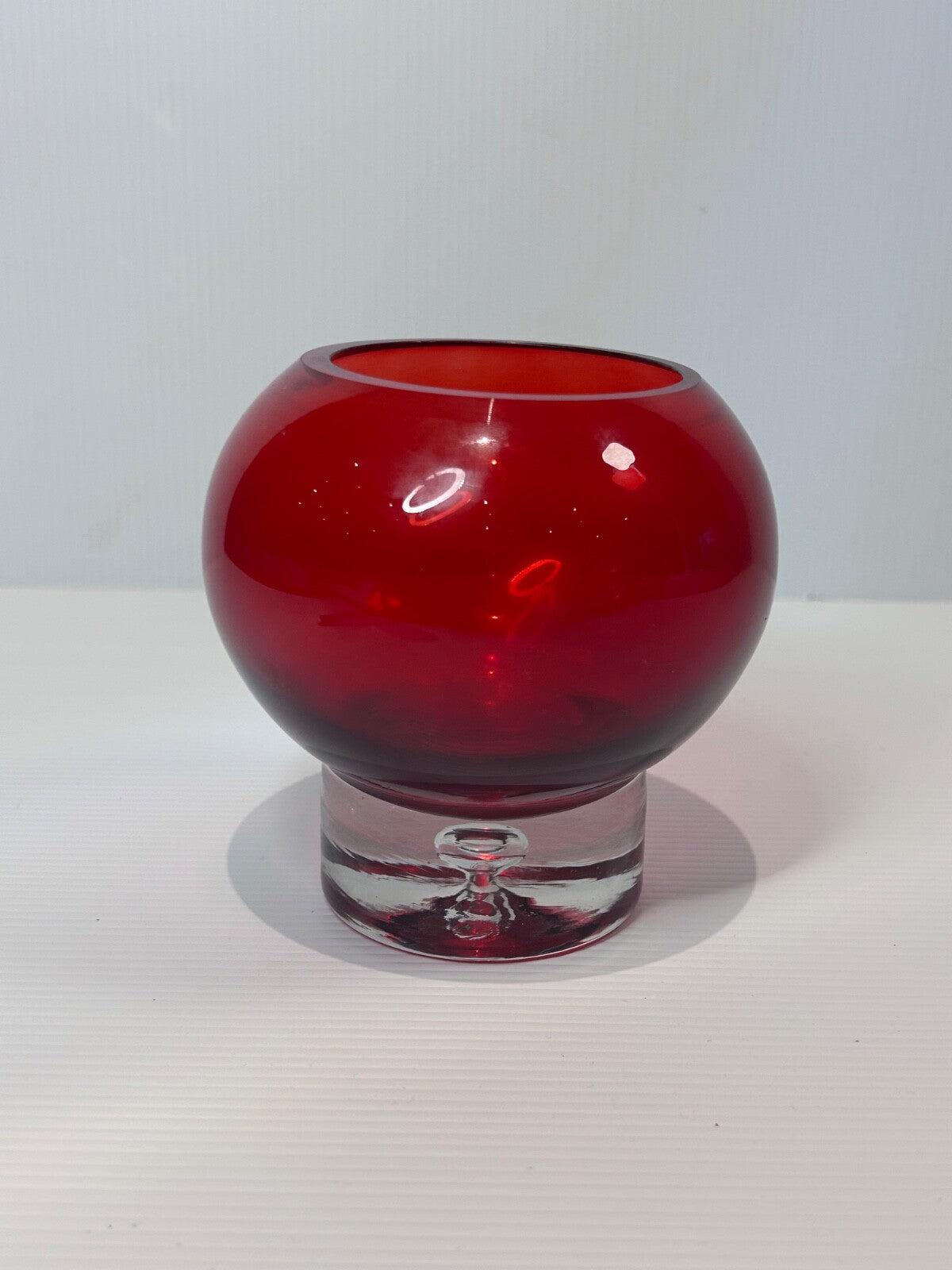Polish Art Glass Vase  Red Cased Bowl on Clear Bubble Base – Krosno Style  1990s