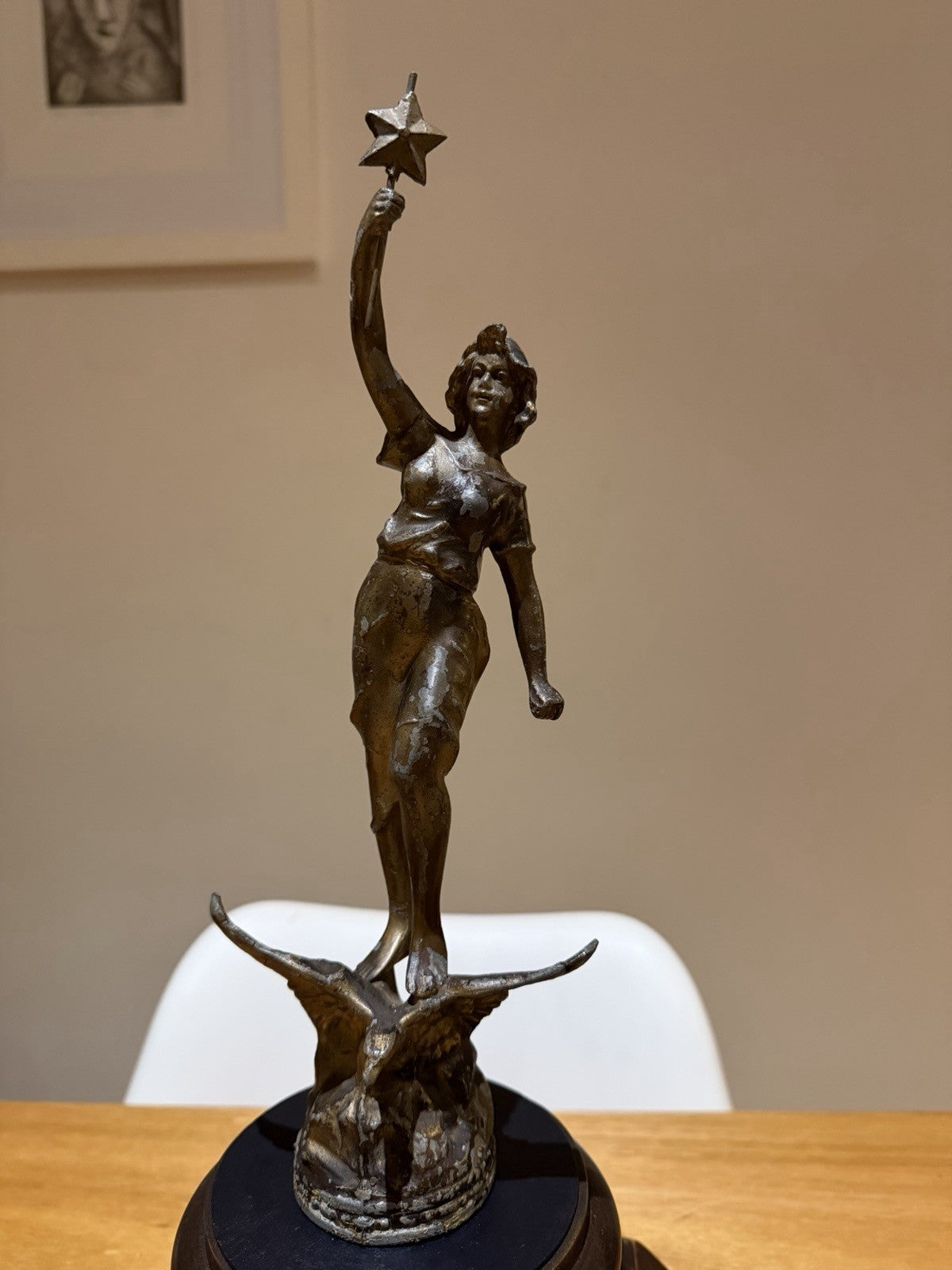 La Nuit Spelter Sculpture Lady With Star Eagle Figure on Timber Plinth