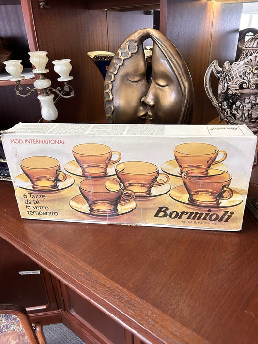 Vintage Bormioli Amber Glass Tea Set 6 Cups & Saucers Boxed Italian