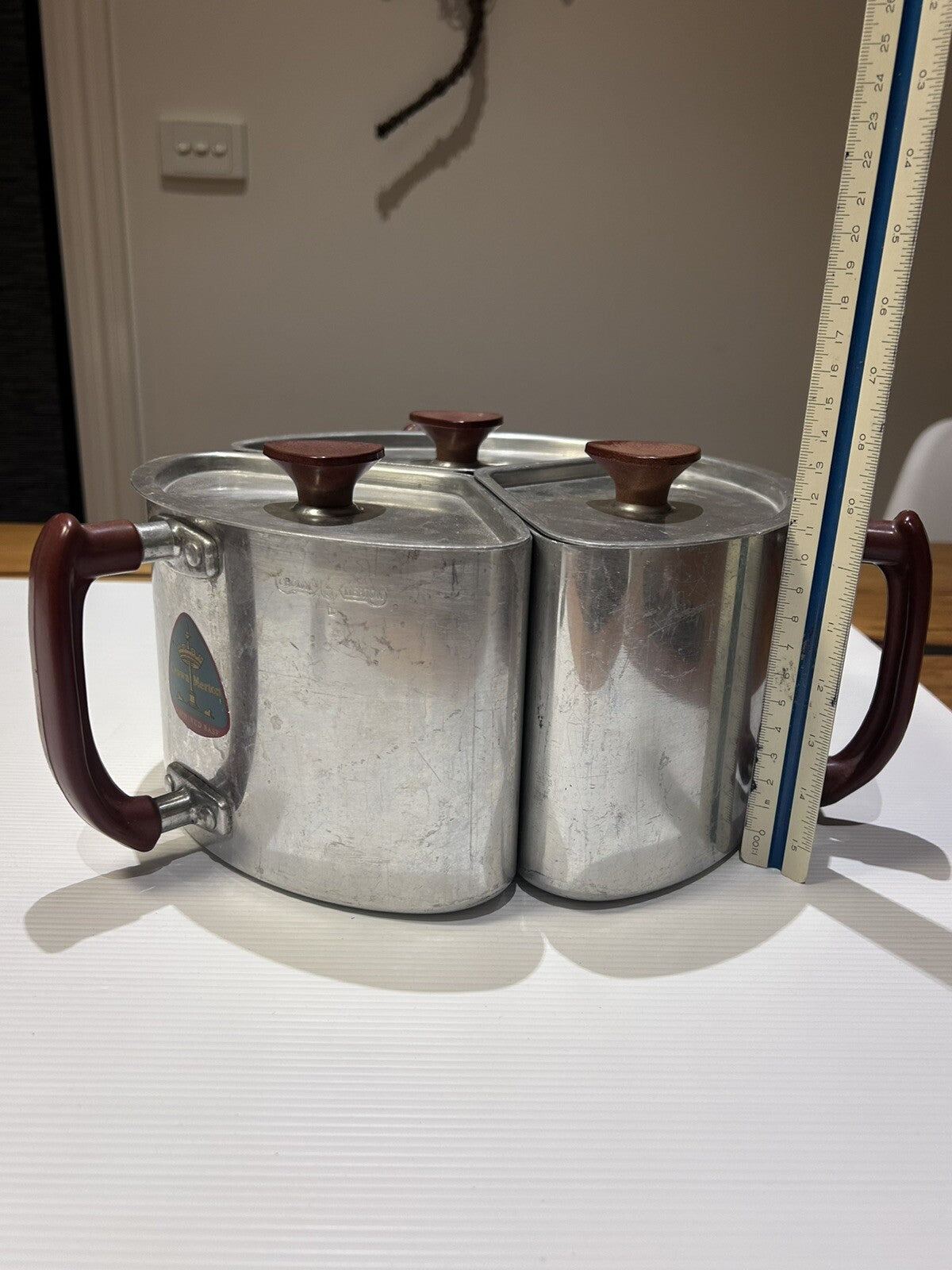 Vintage Crown Merton Aluminium Triple Canister Set w/ Bakelite Handles