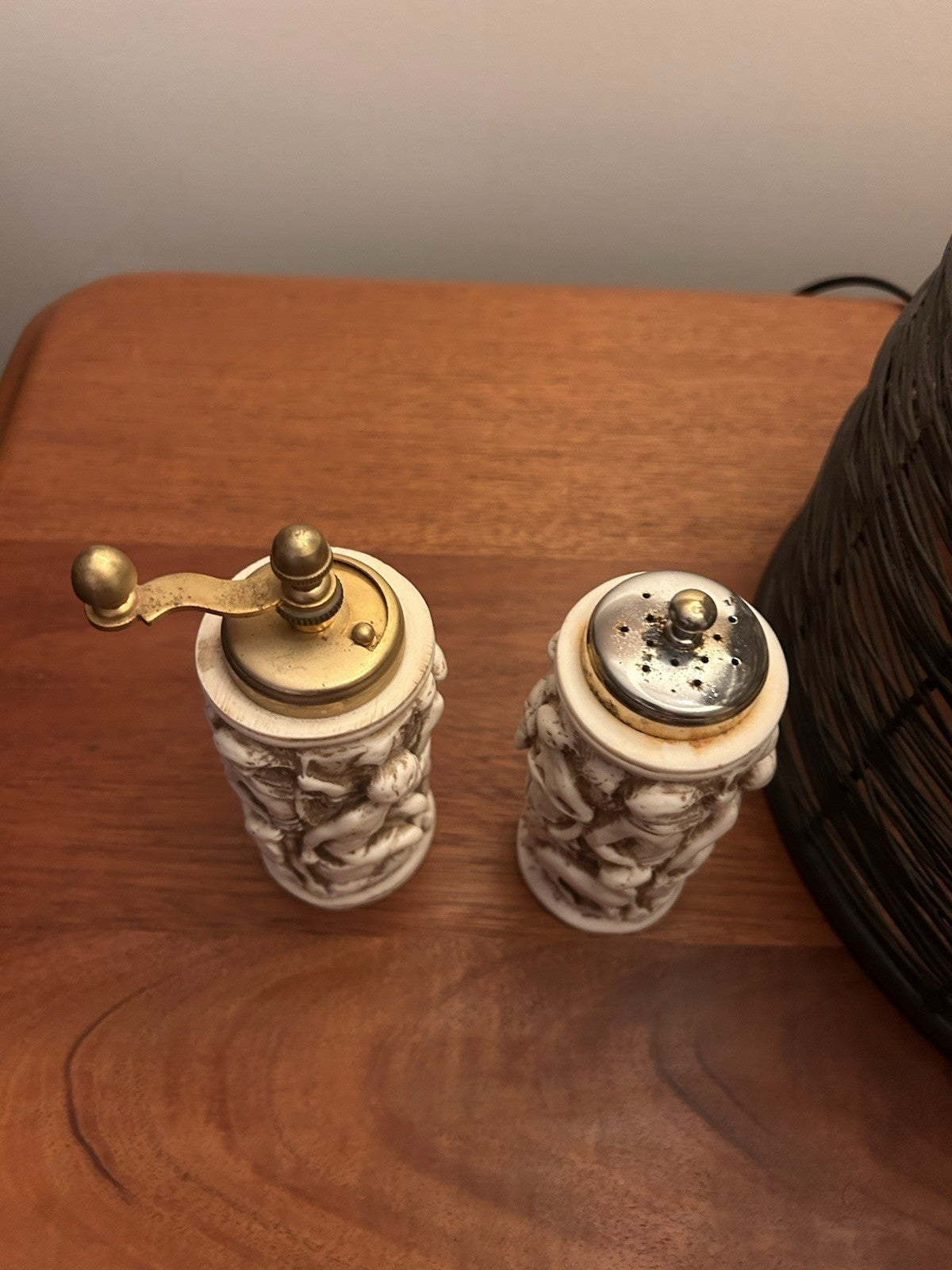 Vintage Cherub Relief Salt Pepper & Pepper Grinder Set Brass Top