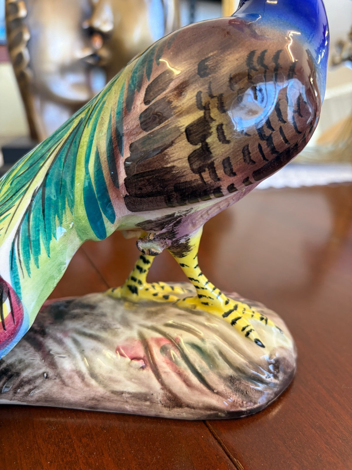 Vintage Italian Ceramic Peacock Figurine Hand Painted Italy 1954 Majolica Style