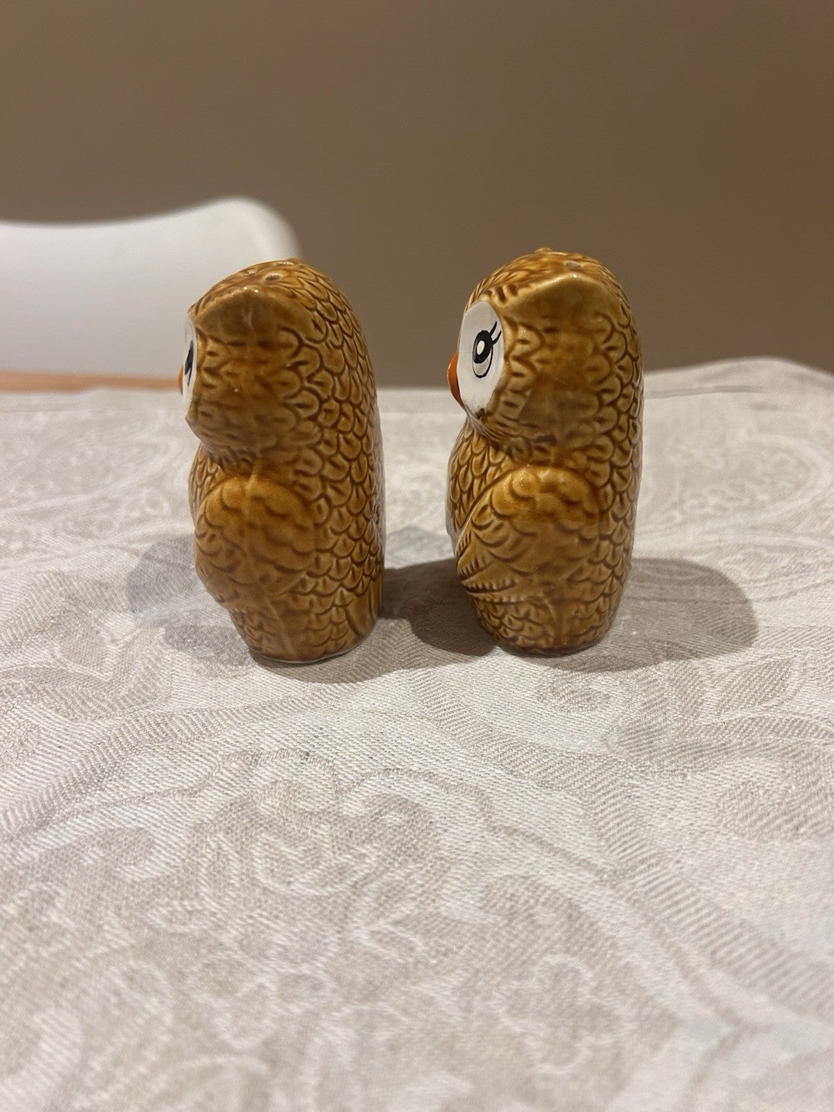 Vintage Ceramic Owl Salt & Pepper Shakers Mid Century Brown Glaze Pair