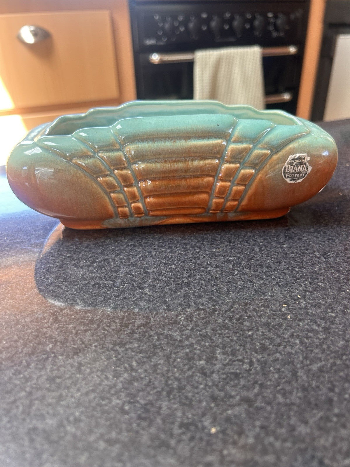 Diana Pottery Australia T6 Trough Vase Planter Green Brown Drip Glaze Vintage