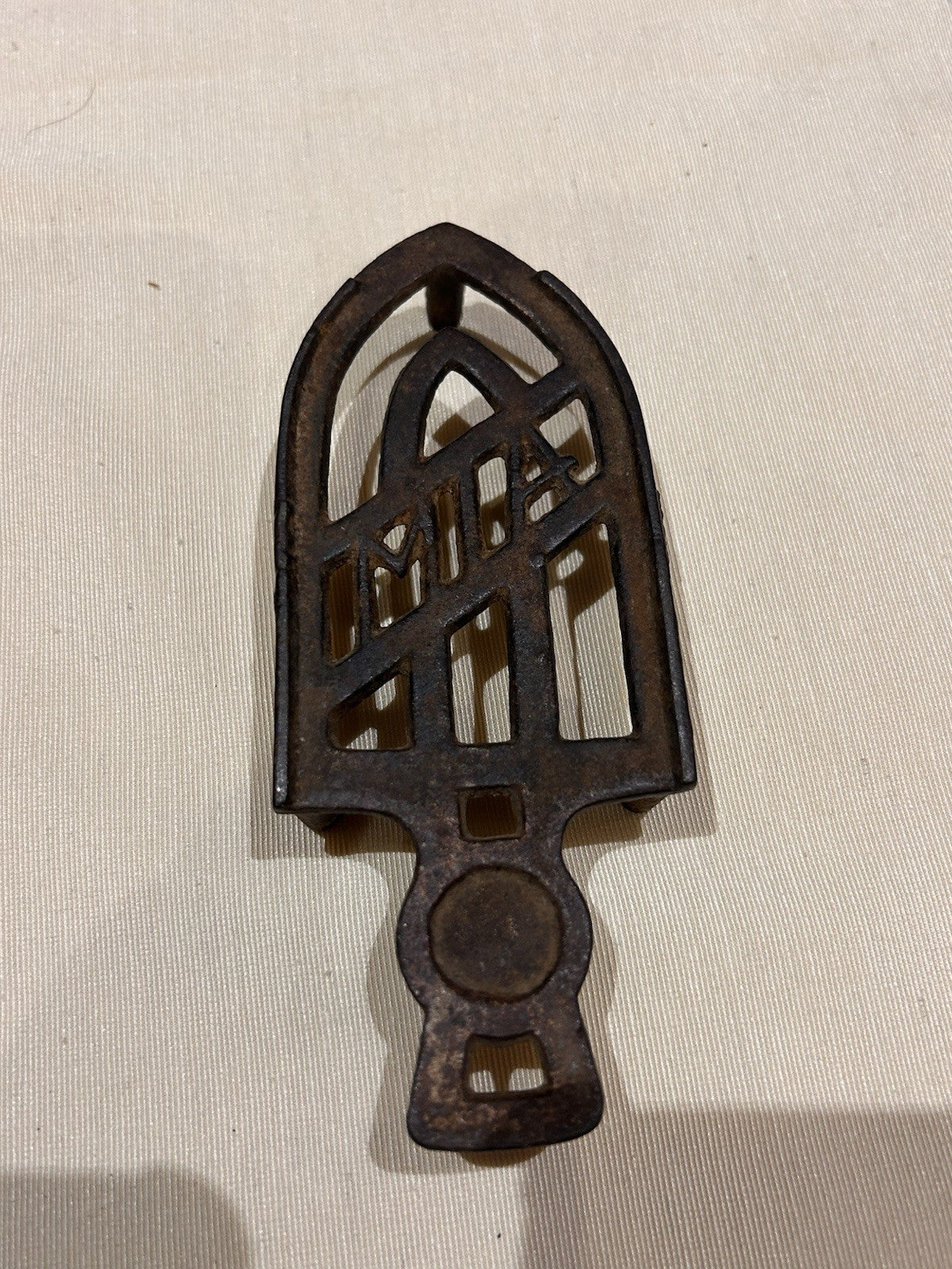 Antique Cast Iron Sad Iron w Stand MA Mark Wooden Handle Not a Toy c1900