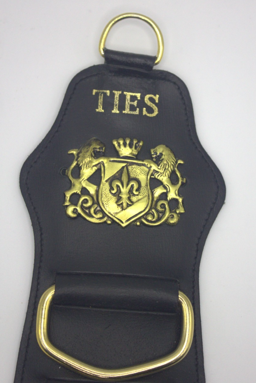 Vintage Leather Tie Holder 4-Ring Brass Wardrobe Organiser Gentleman’s Valet