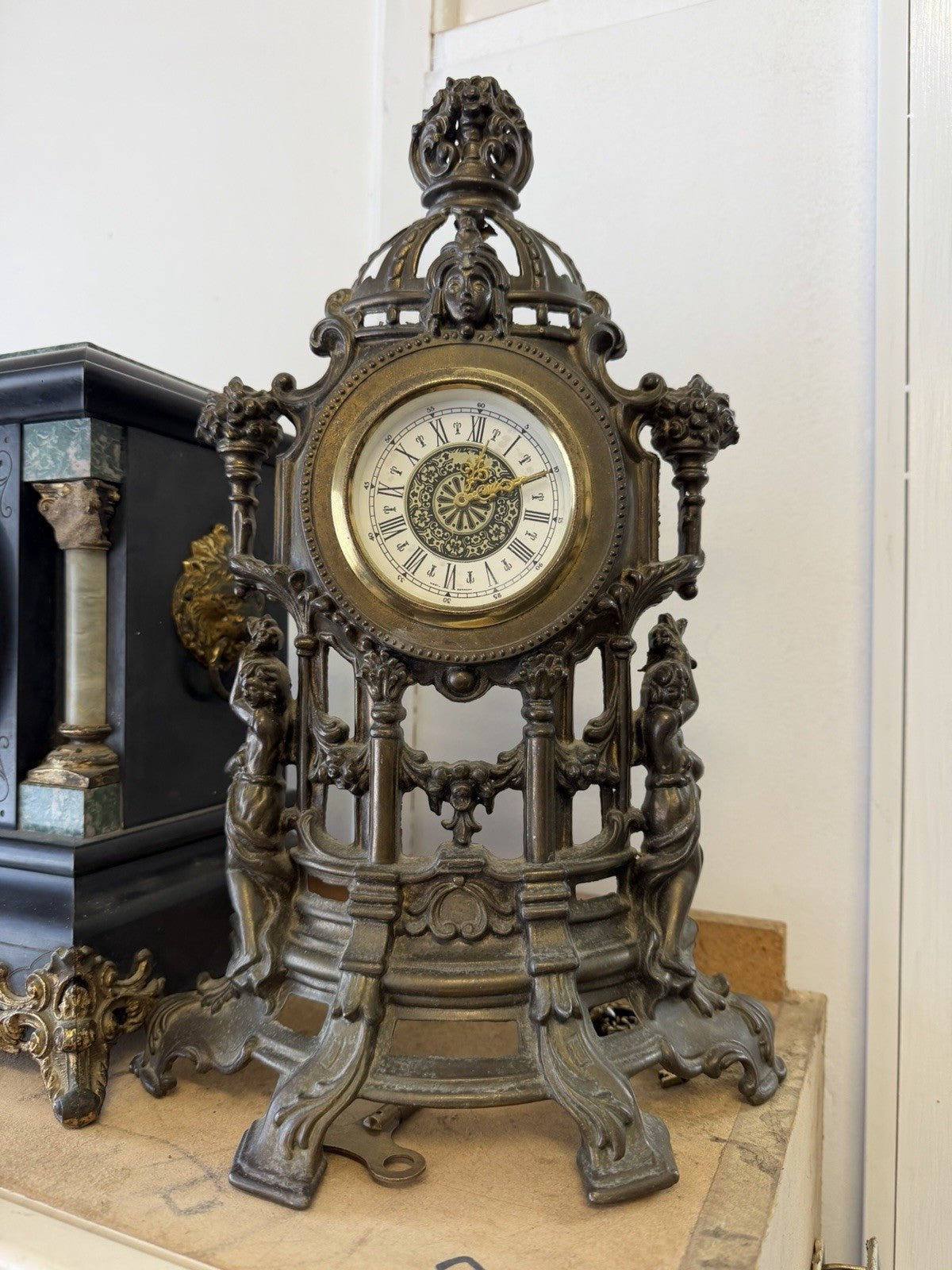 Vintage West Germany Ornate Mantel Clock Mechanical Rococo Baroque Figural