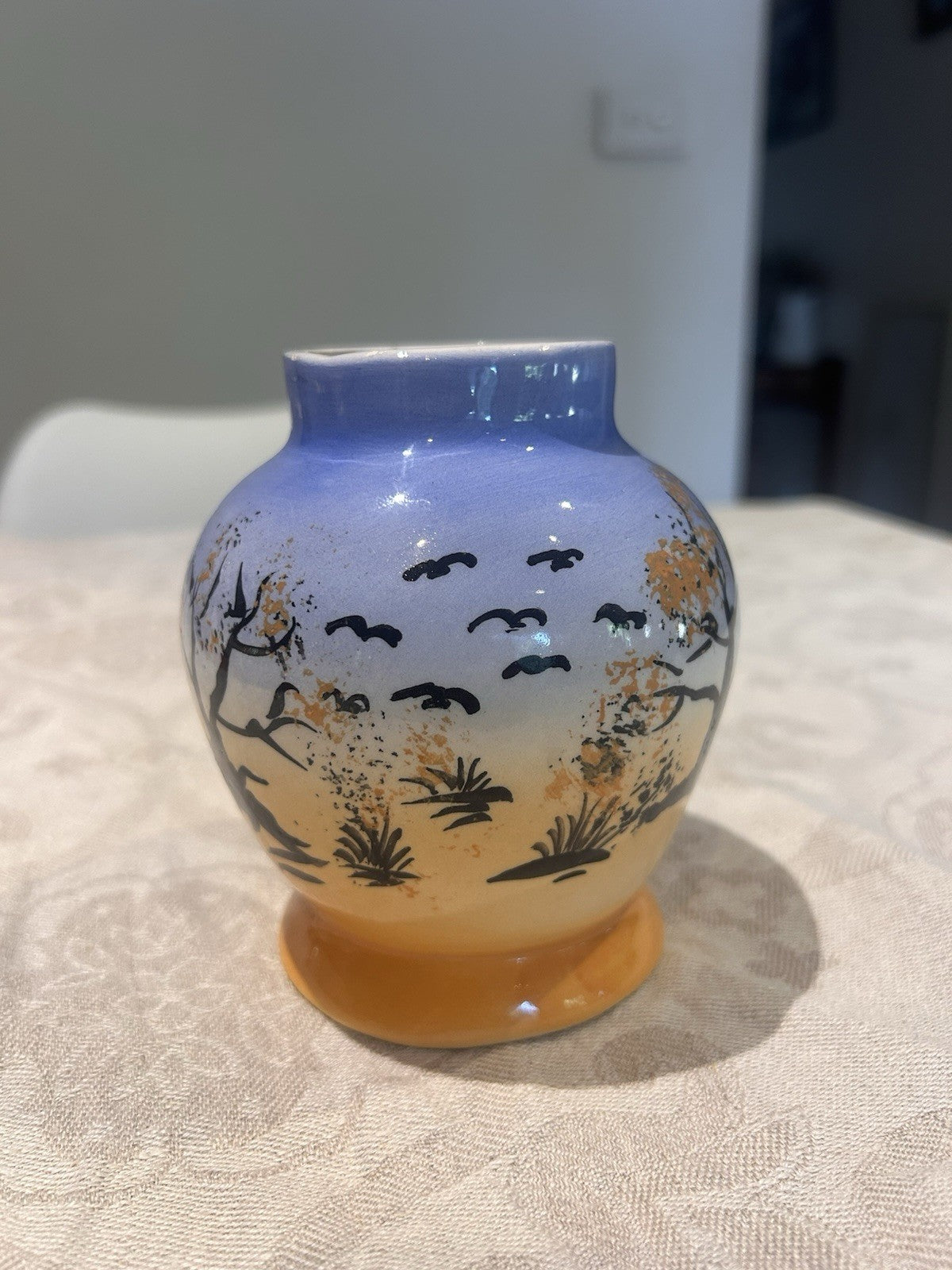 Vintage Hand Painted Scenic Vase Birds Tree Blue Orange Glaze c1960s