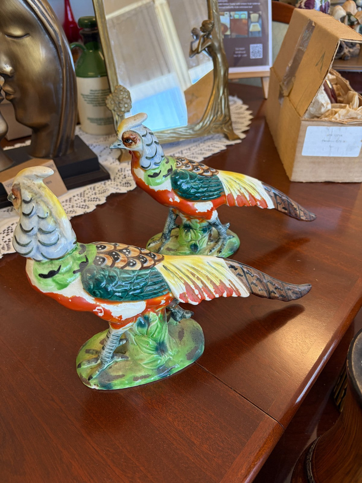 Vintage Japanese Ceramic Pheasant Figurines Pair Hand Painted Birds 1950s–70s