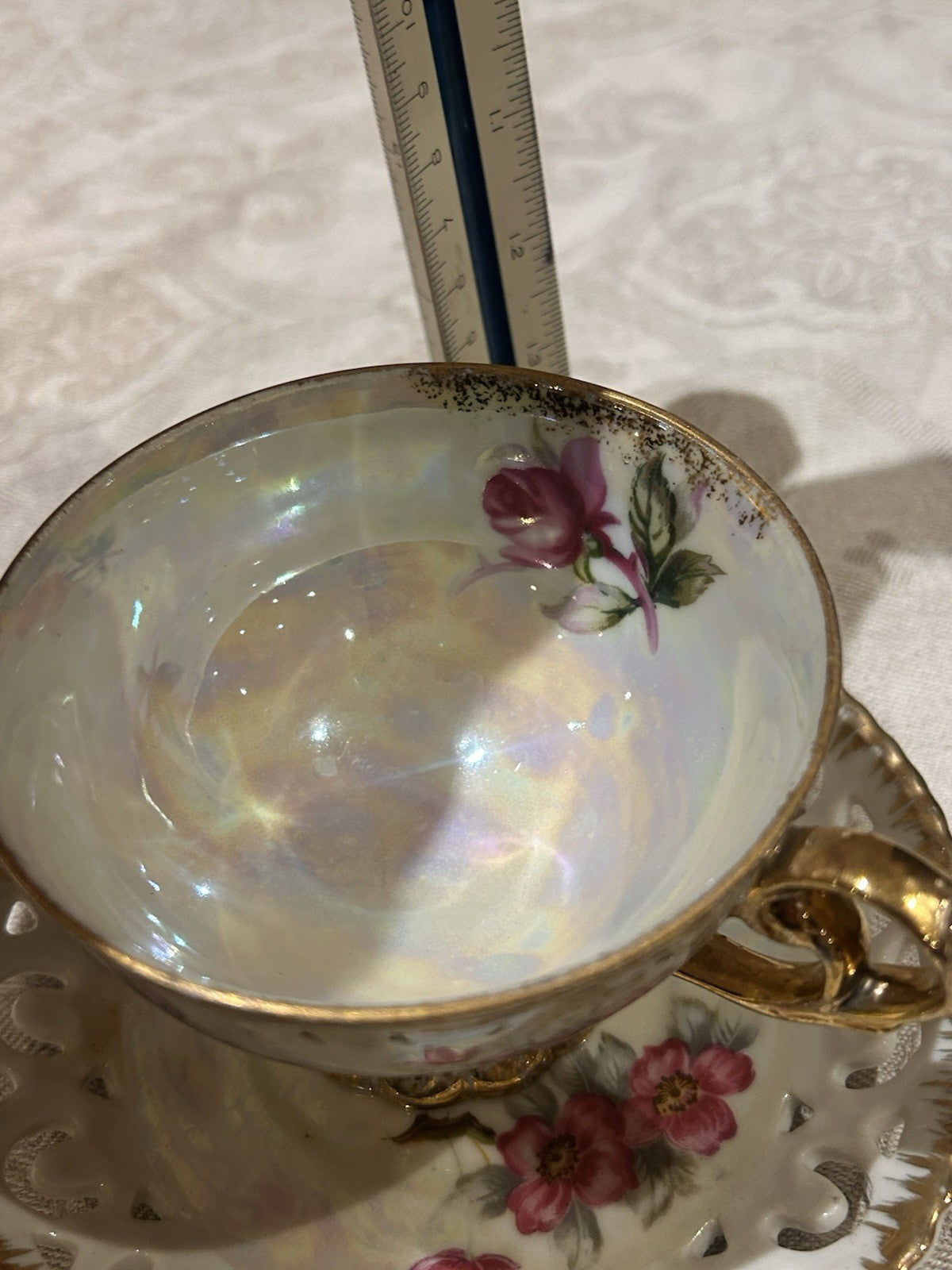 Vintage Fine China Japan Lustreware Pedestal Teacup & Saucer Pink Roses