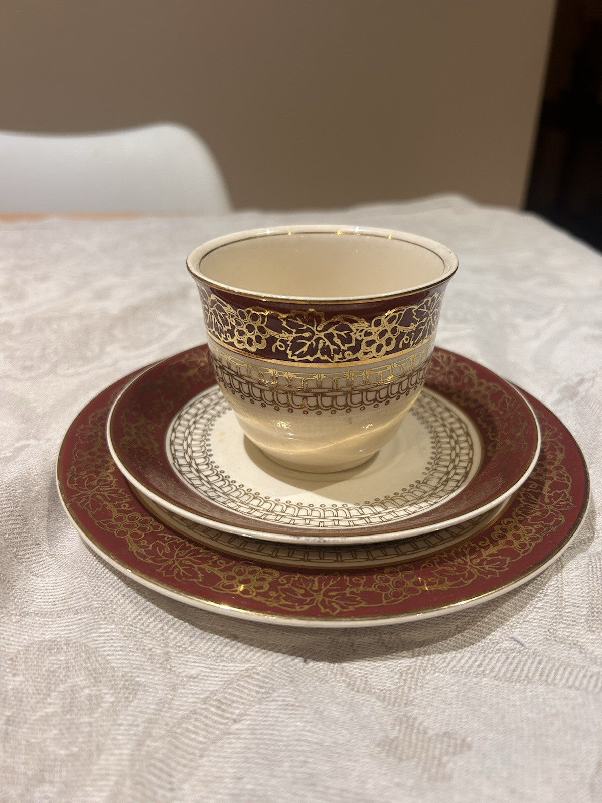 John Maddock & Sons English Cup Saucer Plate Trio Burgundy Gilt Tea Set