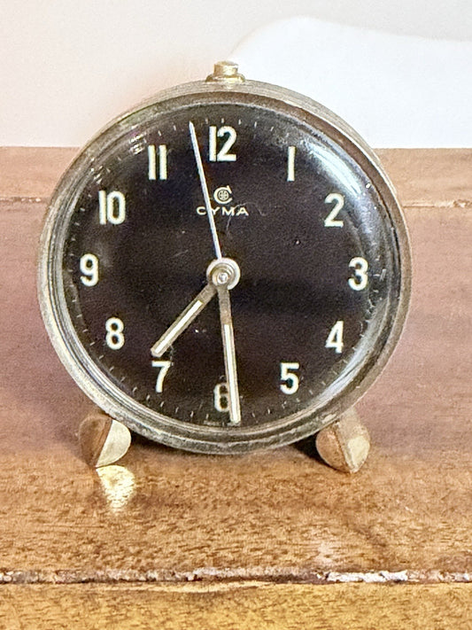 Vintage CYMA Swiss Alarm Clock Brass Black Dial Wind Up Working 1940-1960s
