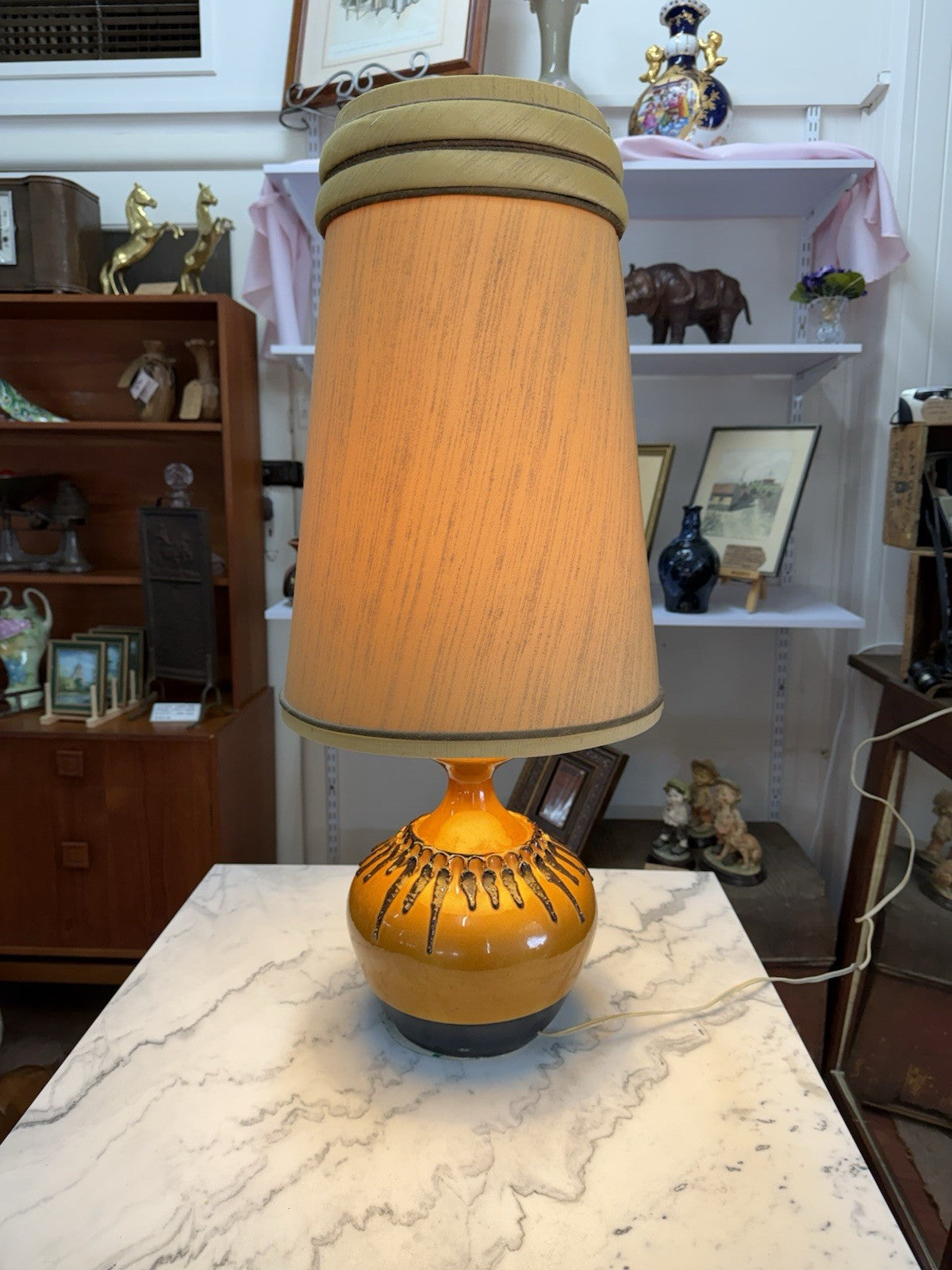 Vintage Large 1970s Ceramic Table Lamp Amber Drip Glaze 87cm Tagged Tested