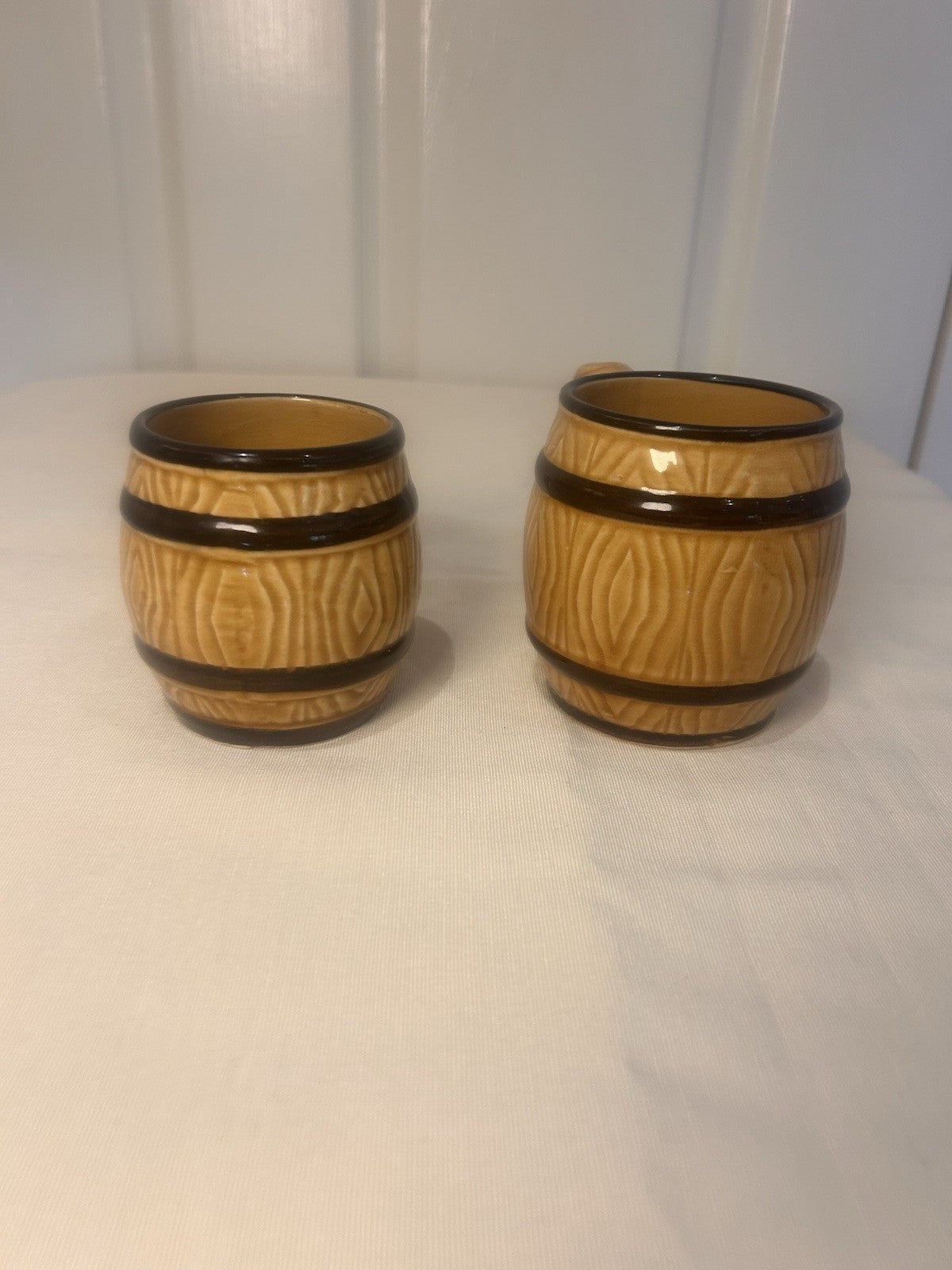 Vintage BARREL Mugs Pair – Japan Woodgrain Beer/Coffee Cups – 8cm & 9cm