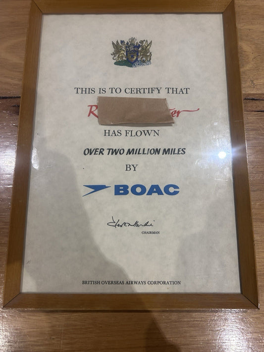 BOAC Over Two Million Miles Certificate British Airways Framed Vintage Aviation