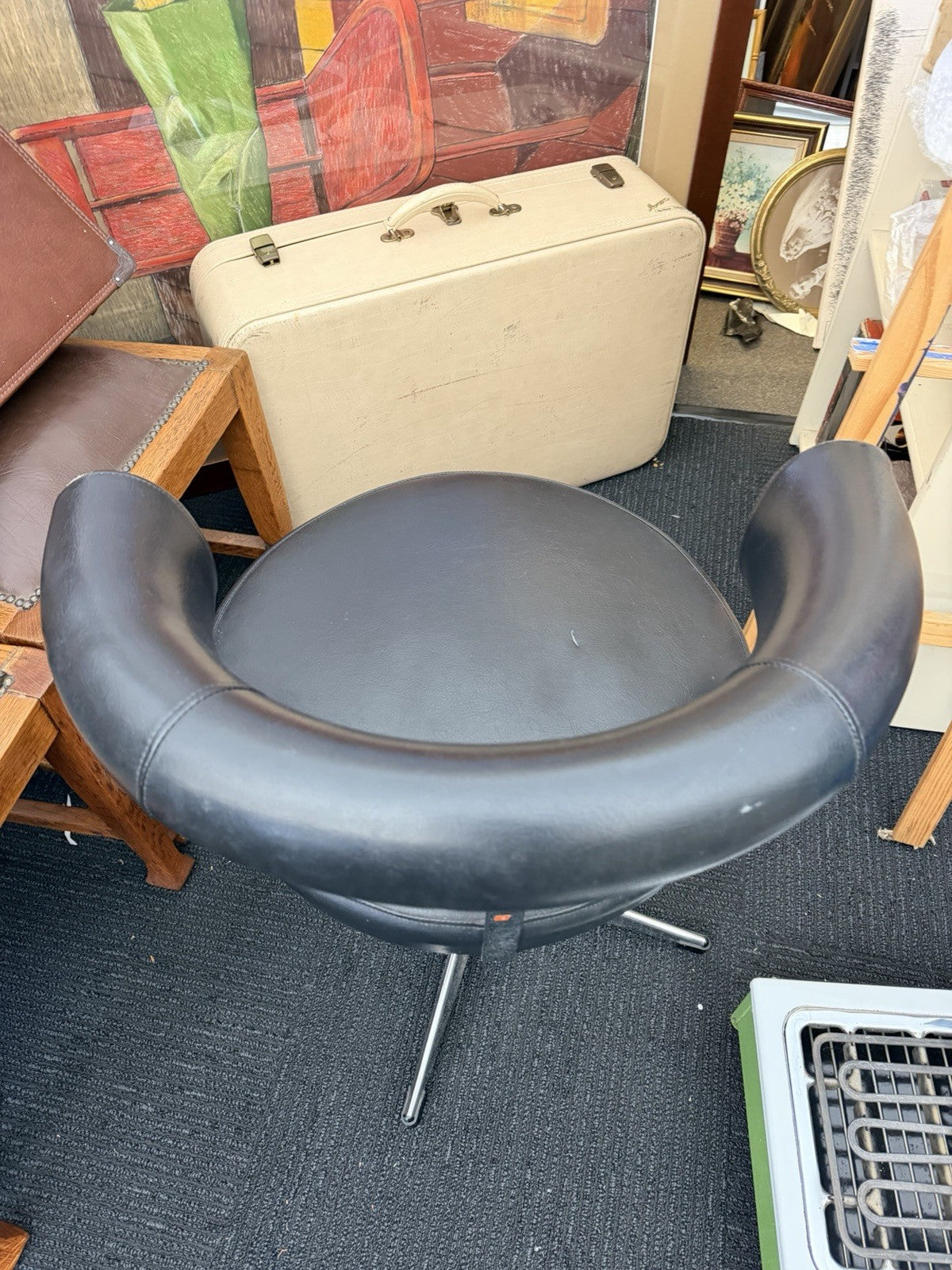 Vintage 1970s Black Swivel Tub Chair Chrome Star Base Retro Mid Century