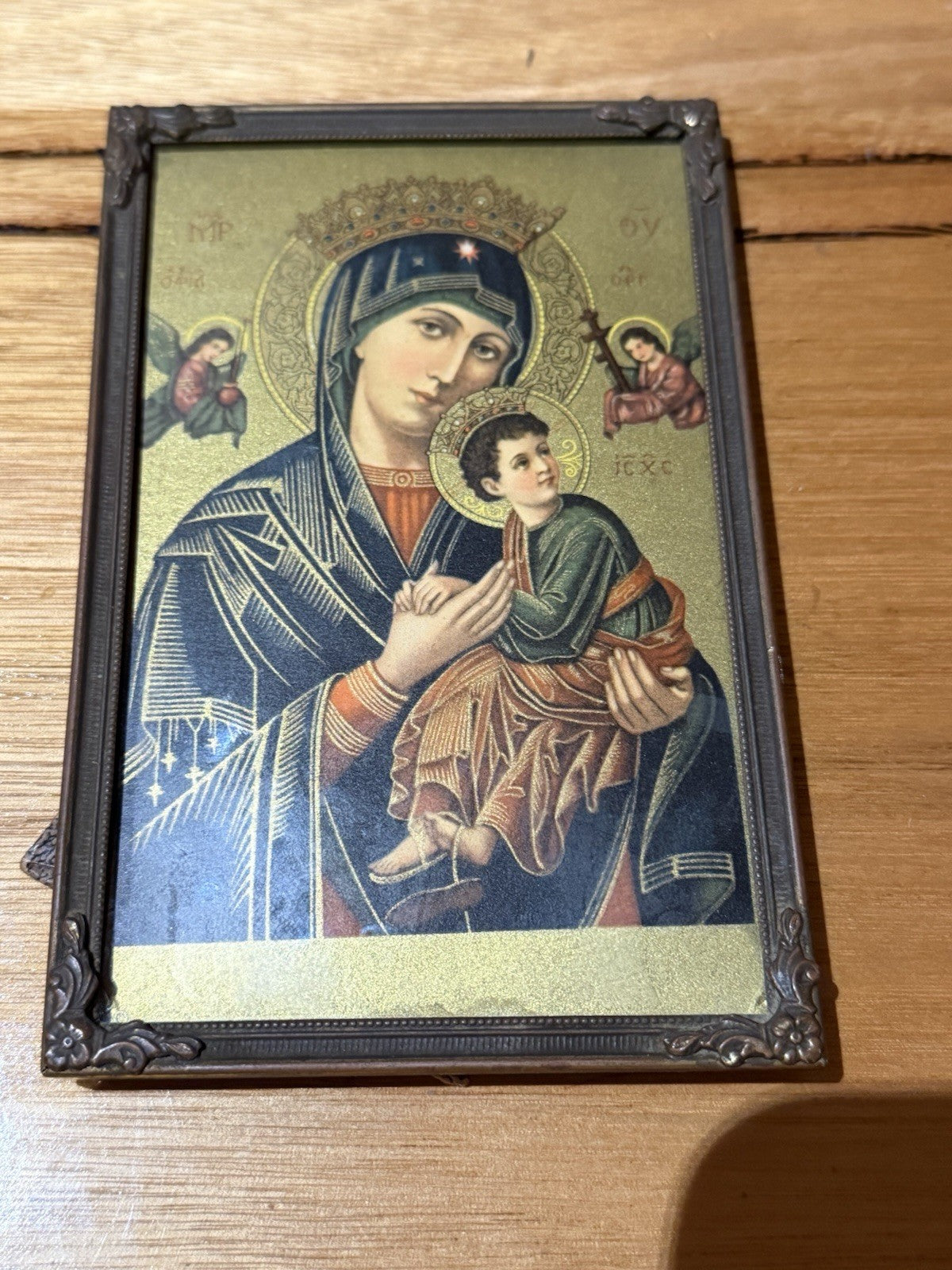 Vintage Swiss Our Lady of Perpetual Help Framed Icon Print c1930s Embossed