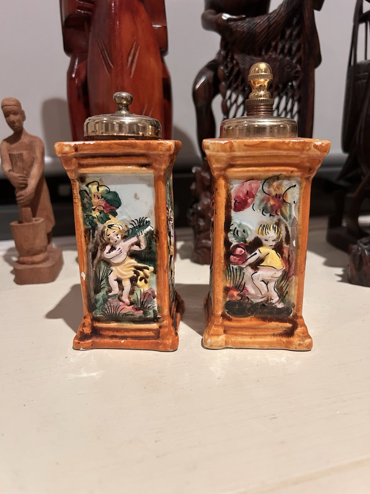 Vintage Capodimonte Italy Ceramic Salt Pepper Mills Hand Painted Pair