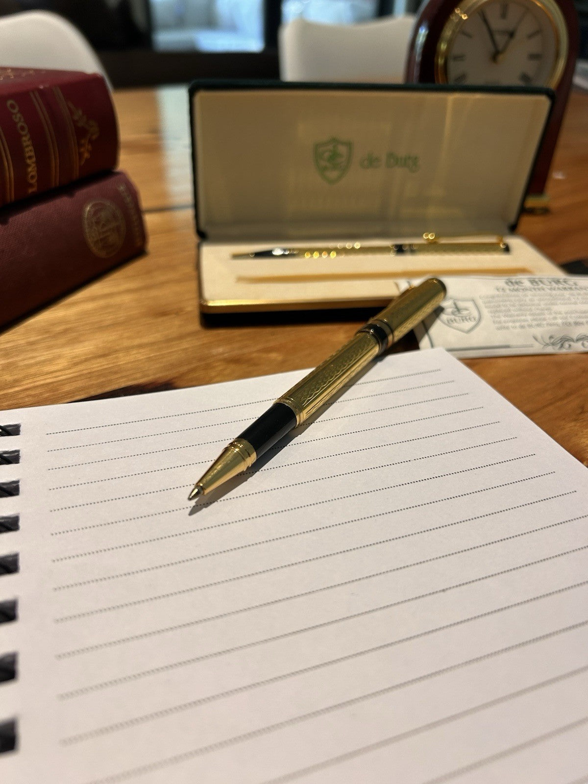 Vintage de Burg Gold Tone Ballpoint Pen Set Boxed With Warranty Card