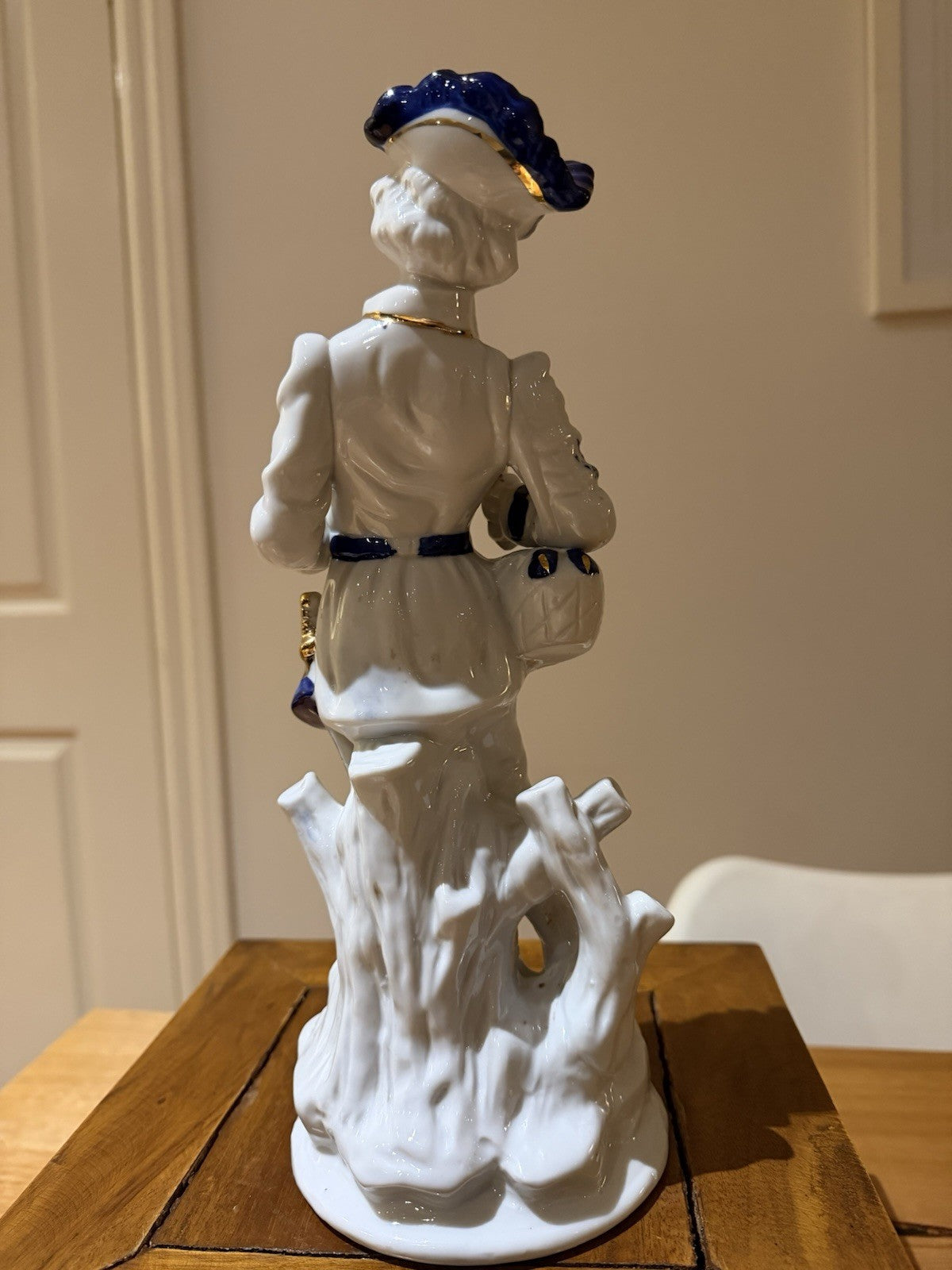Vintage Porcelain Gentleman Figurine Blue White Gold Rococo Style 28cm