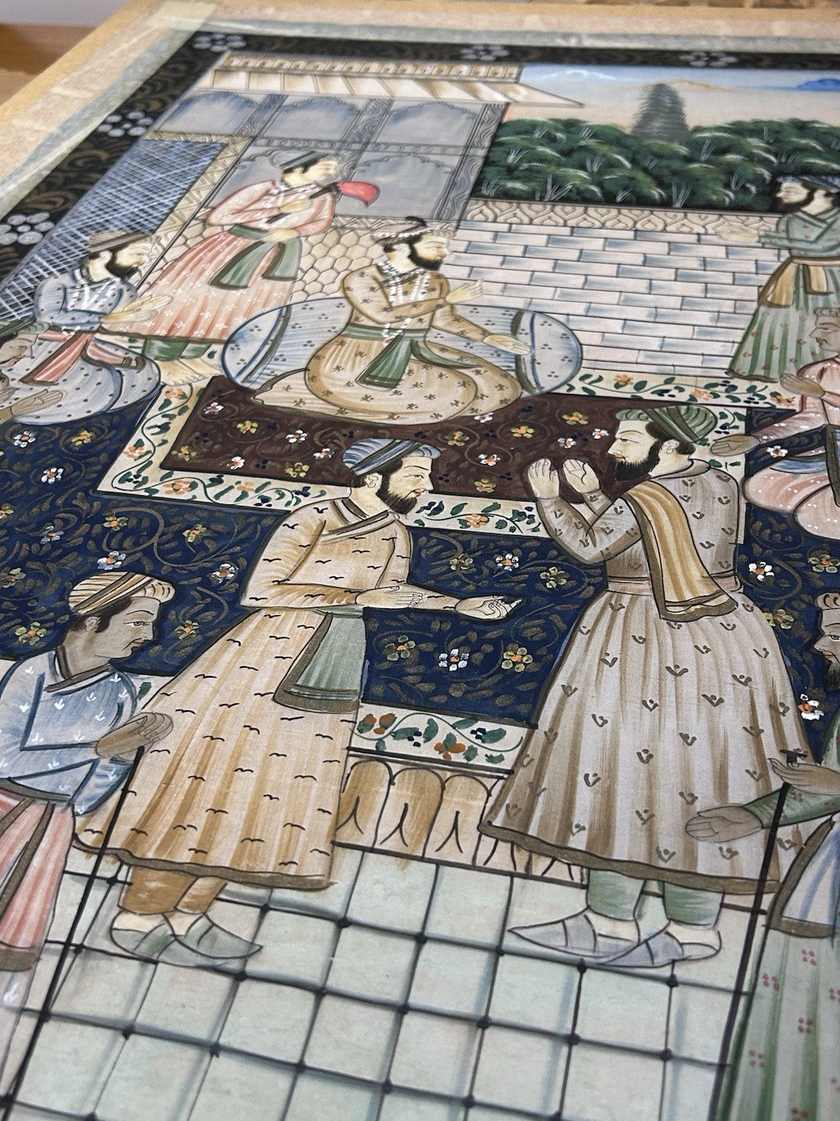 Hand-Painted Mughal Court Scene, Gold & Silver, Framed 91x64cm c.1970s