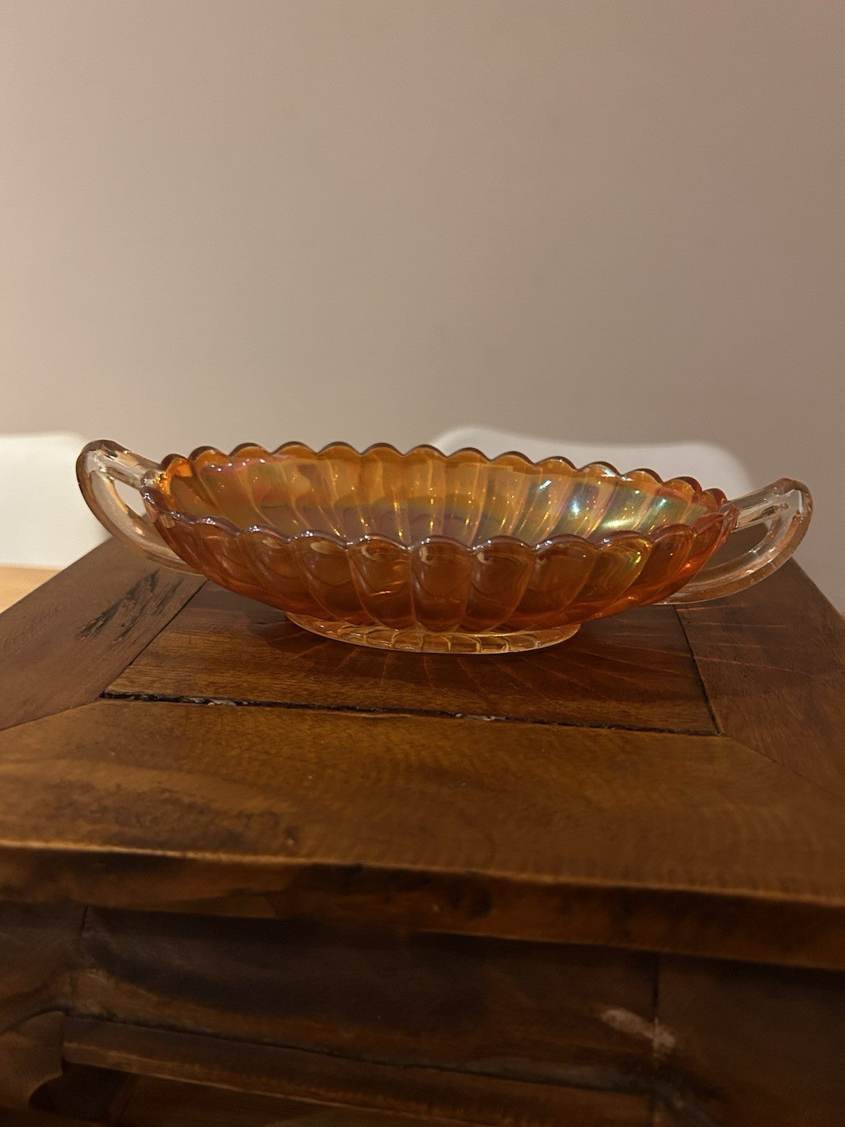 Vintage Amber Carnival Glass Serving Dish Handles Scalloped Bowl 30cm