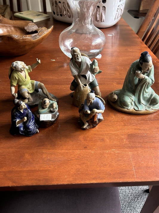 Shiwan Mudman Figurines Set of 5 Woh Jeong/Wan Jiang China Pottery 1950s–70s