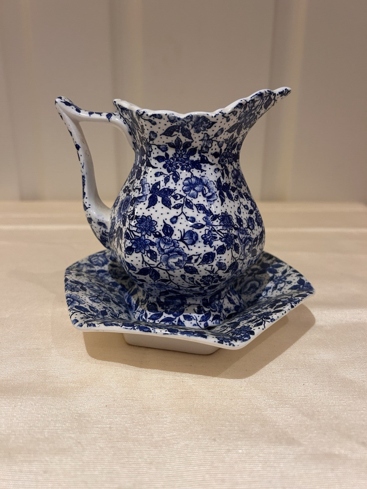 Vintage English Style Blue & White Floral Jug & Dish c1950s Transferware 