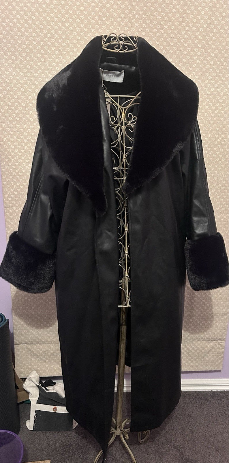 Meshki Rebekah Oversized PU Trench Coat Faux Fur Black S BNWT Glam Winter