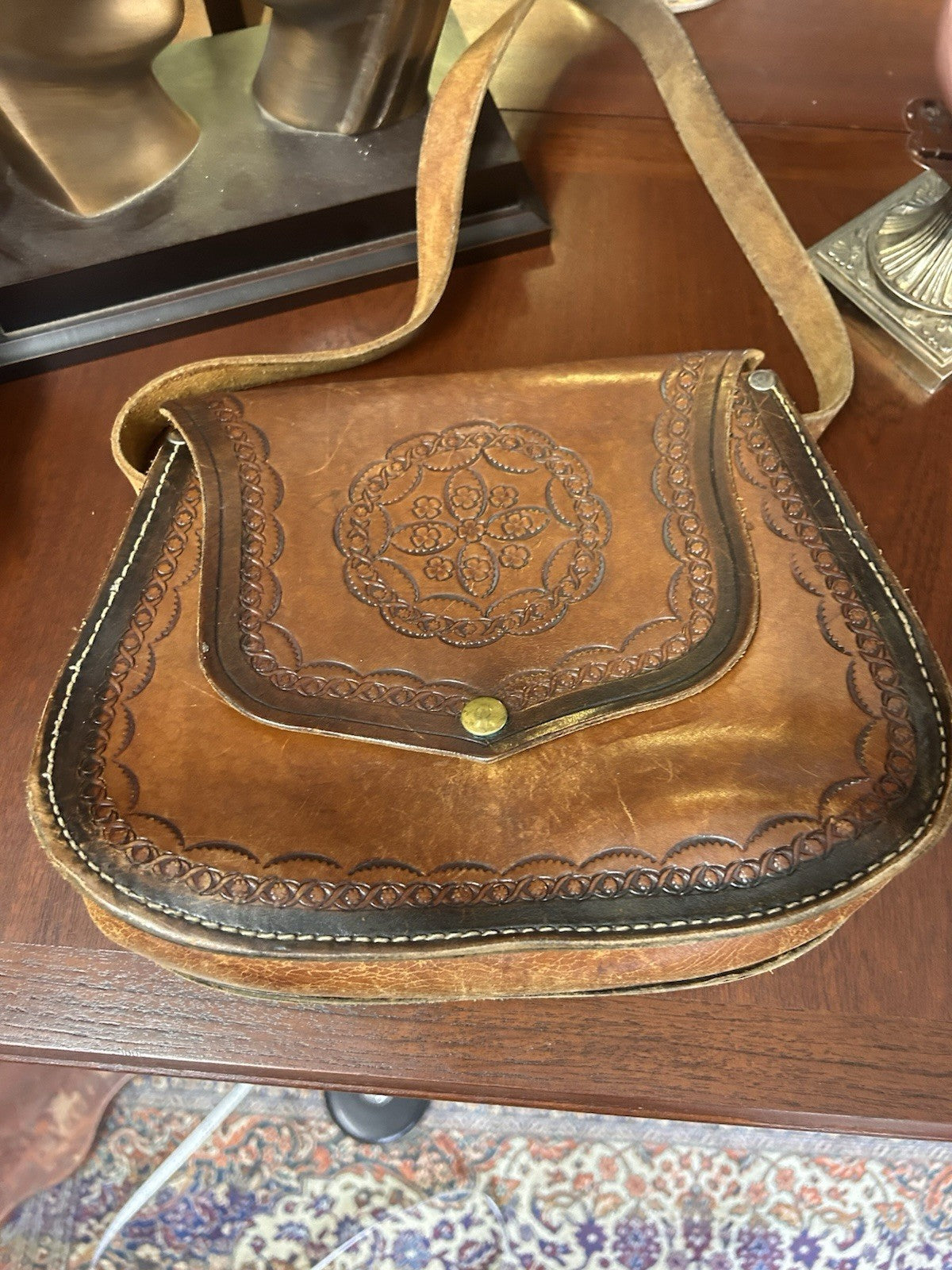 Vintage Tooled Leather Saddle Bag Crossbody Satchel Boho Western Brown