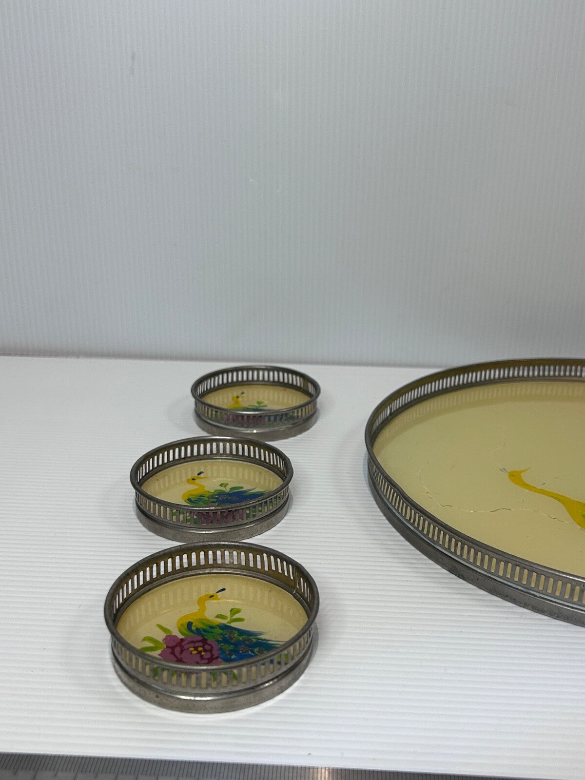 Vintage 1950s Hand-Painted Peacock Tray & 6 Coasters – Made in Japan