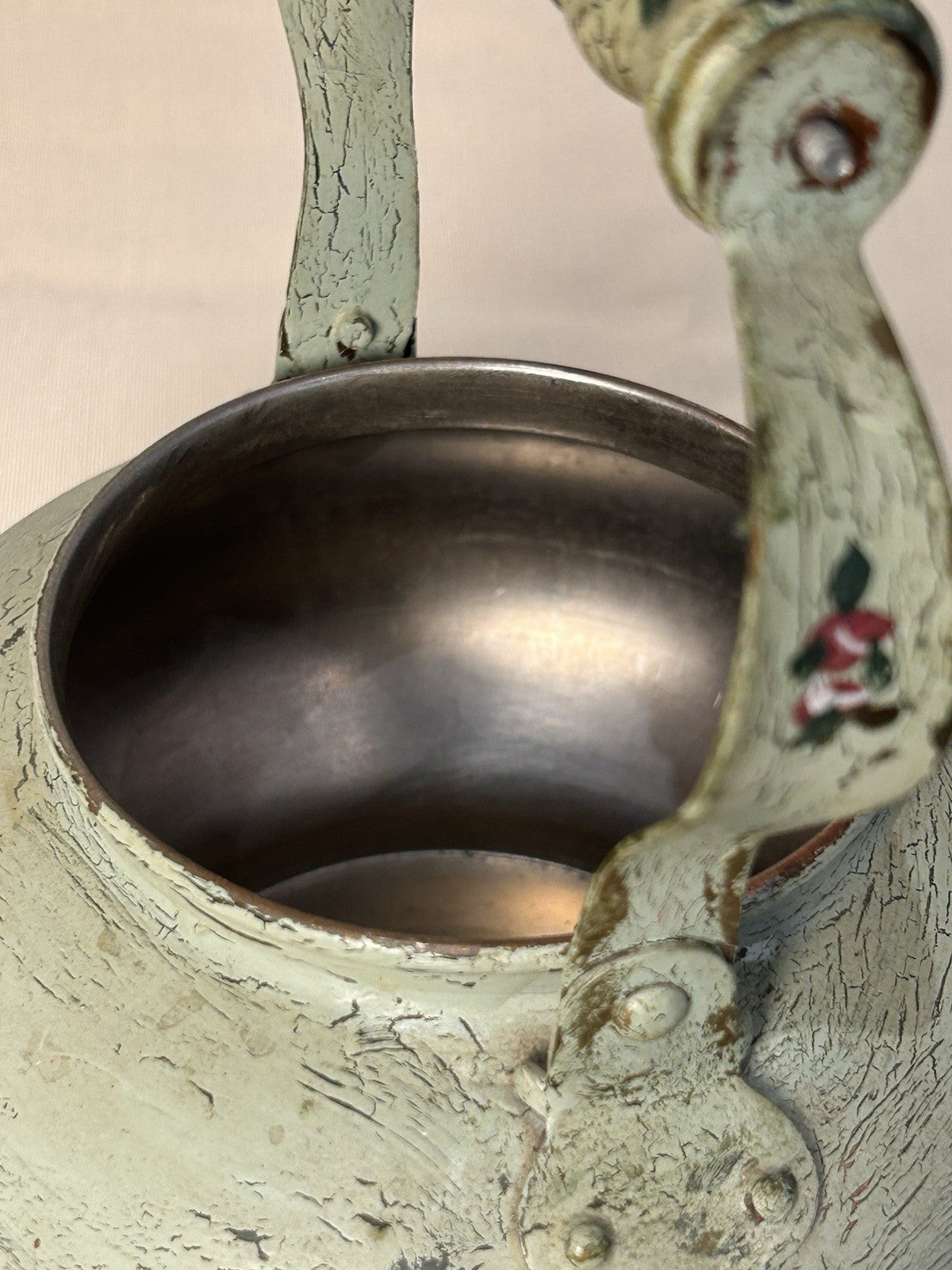 Vintage Hand-Painted Toleware Teapot & Coal Scuttle Set – Green Floral Metal