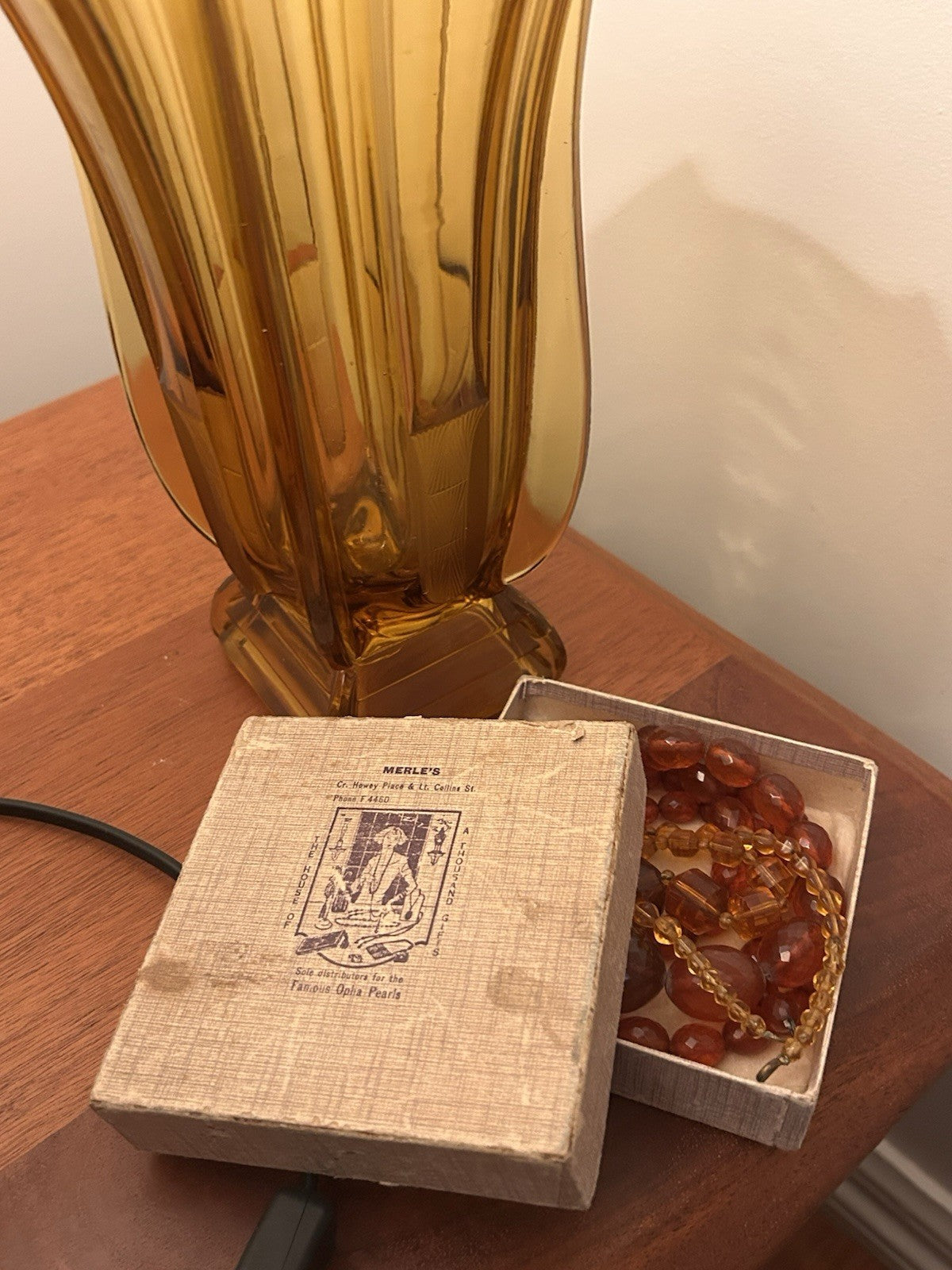 Vintage Amber Glass Necklace Set x3 w Merle’s Melbourne Jewellery Box c1950