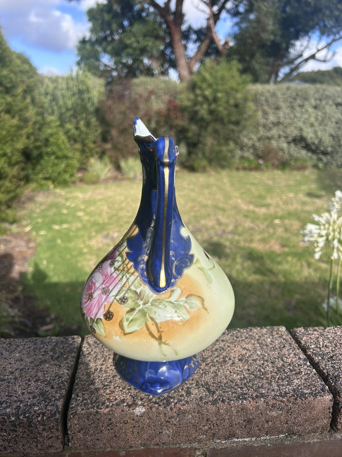 Detailed Japanese Gilded Hand Painted Blue Pitcher - 23 Cm Tall