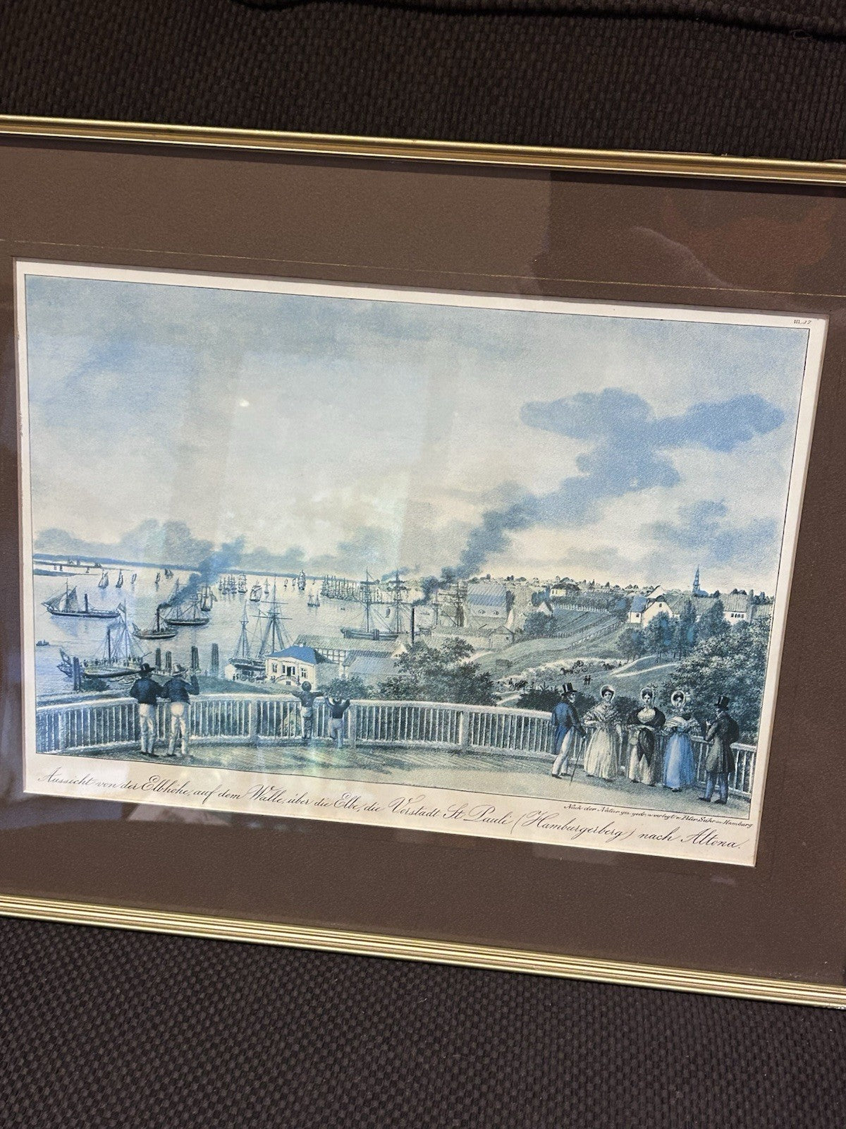 Framed Vintage Offset Print of 19th Century Hamburg Scene – Peter Suhr