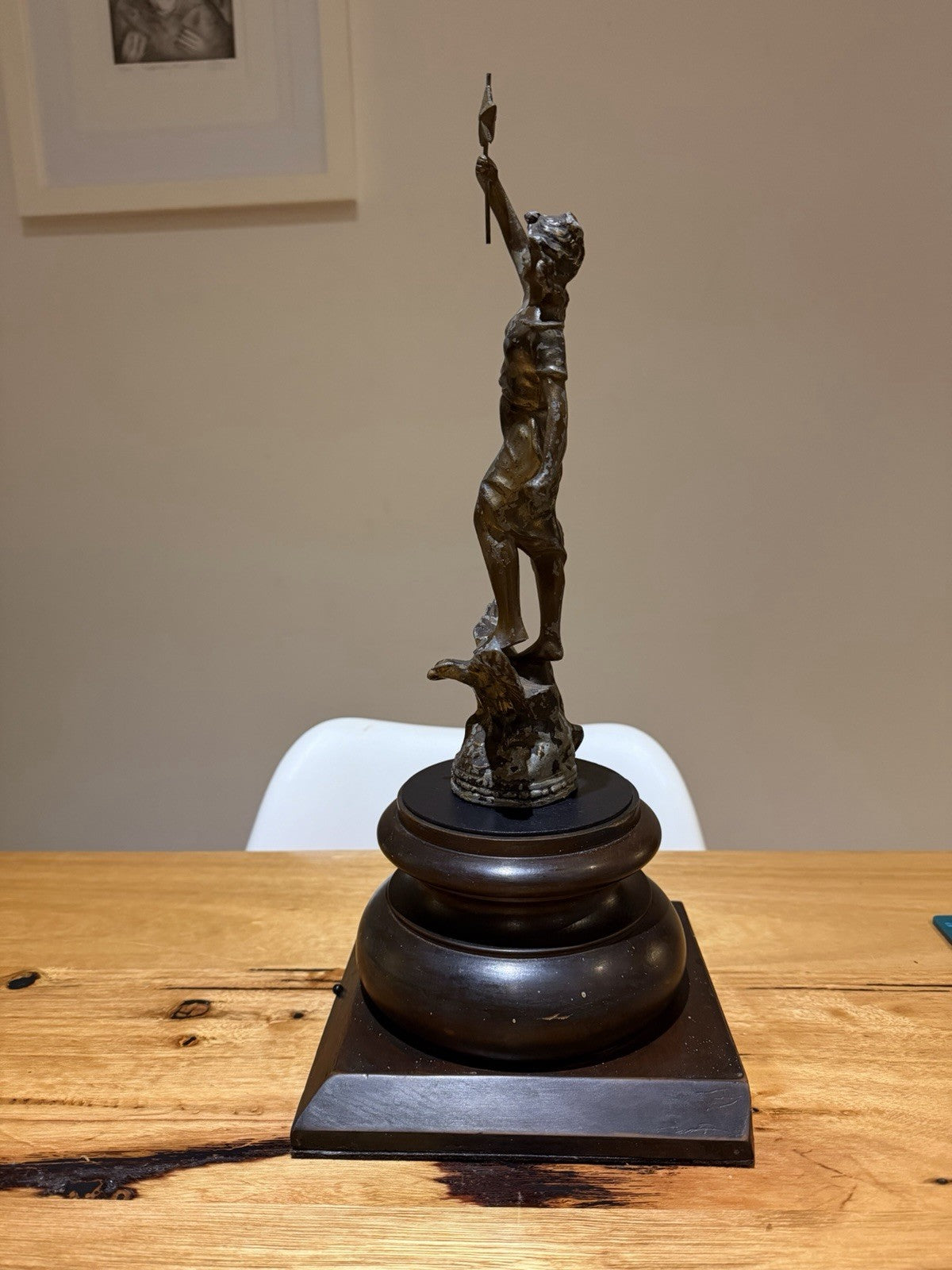La Nuit Spelter Sculpture Lady With Star Eagle Figure on Timber Plinth