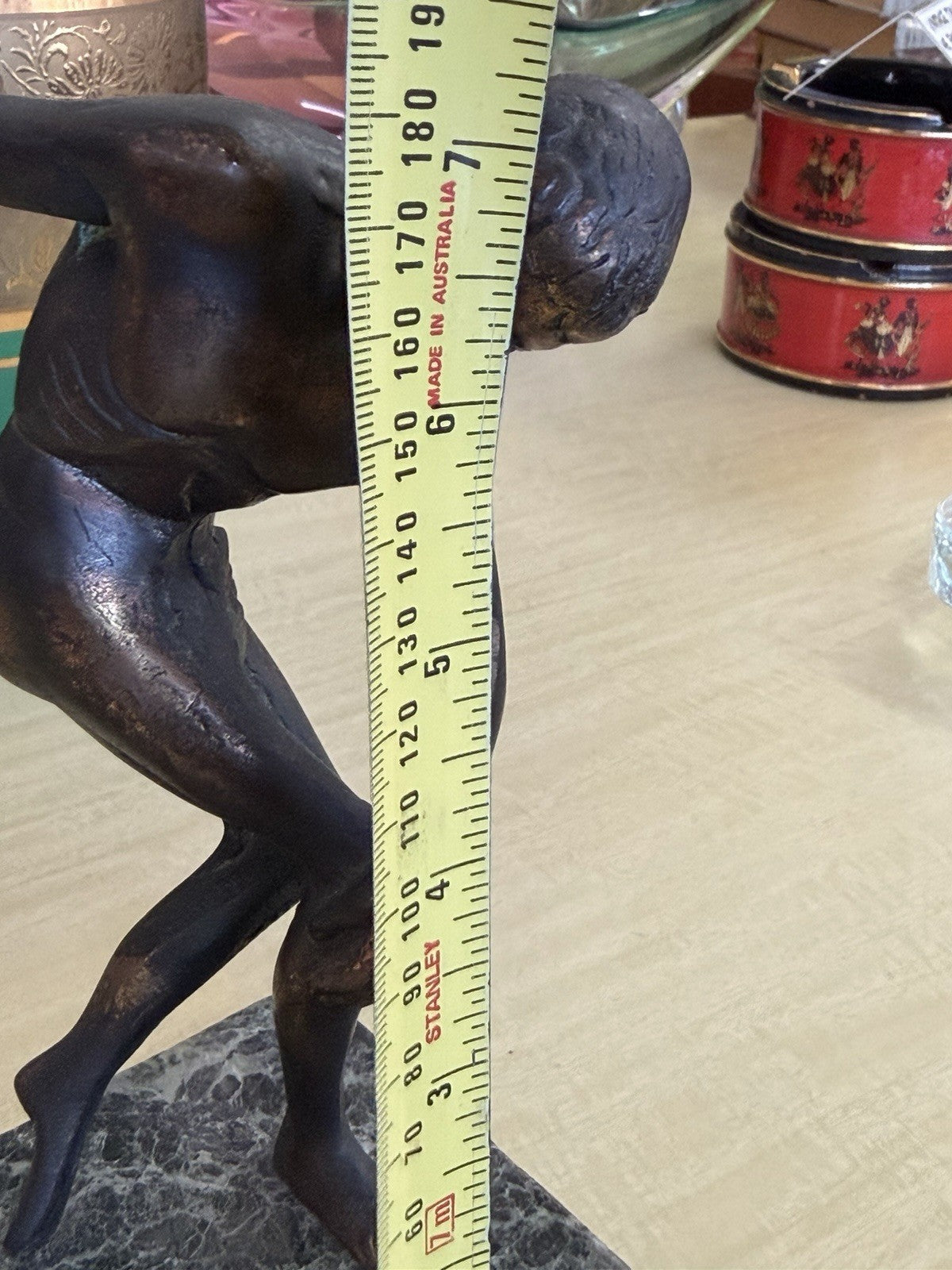 Vintage Bronze Discus Thrower Athlete Sculpture Marble Base Classical Figure