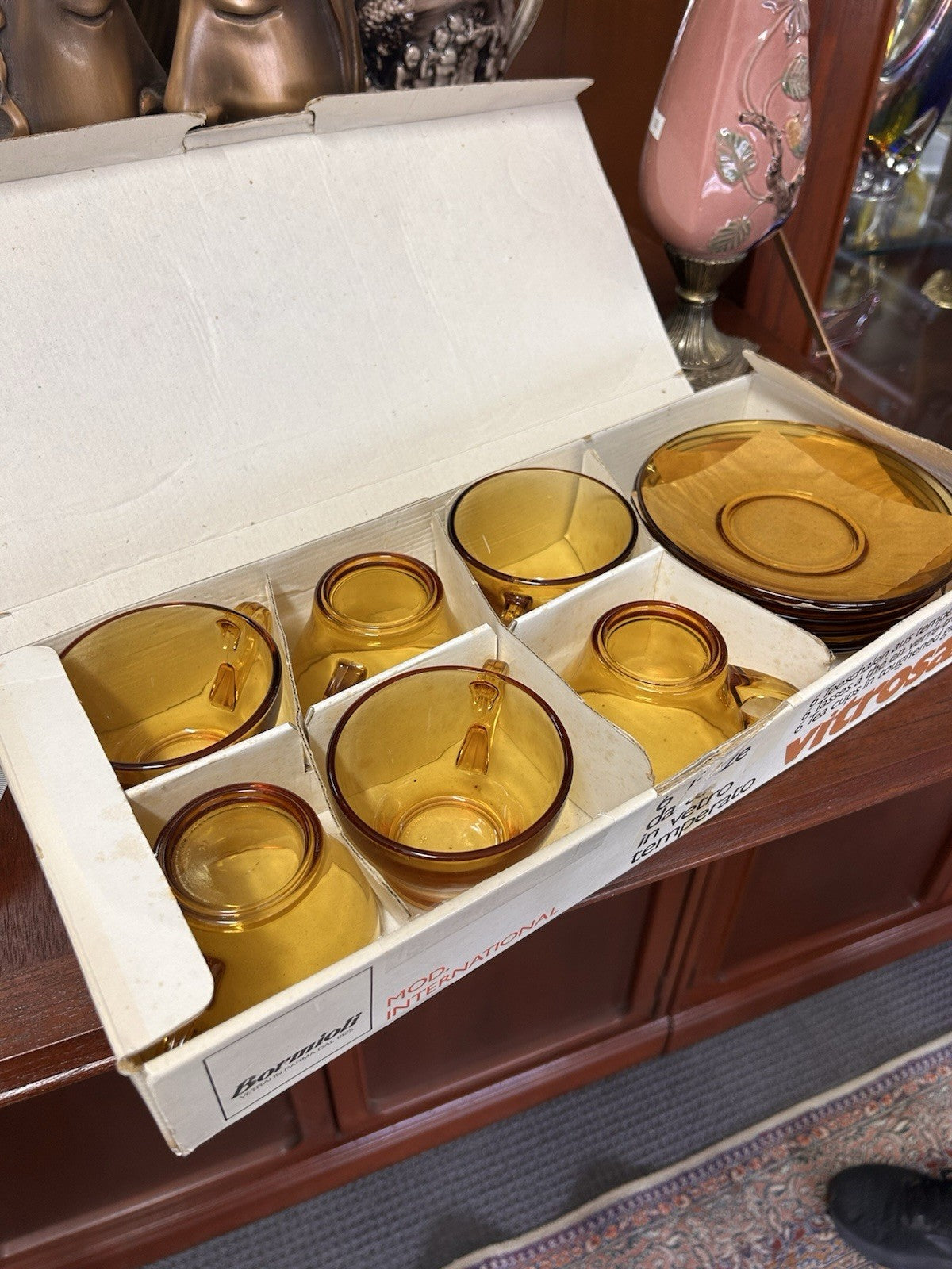 Vintage Bormioli Amber Glass Tea Set 6 Cups & Saucers Boxed Italian