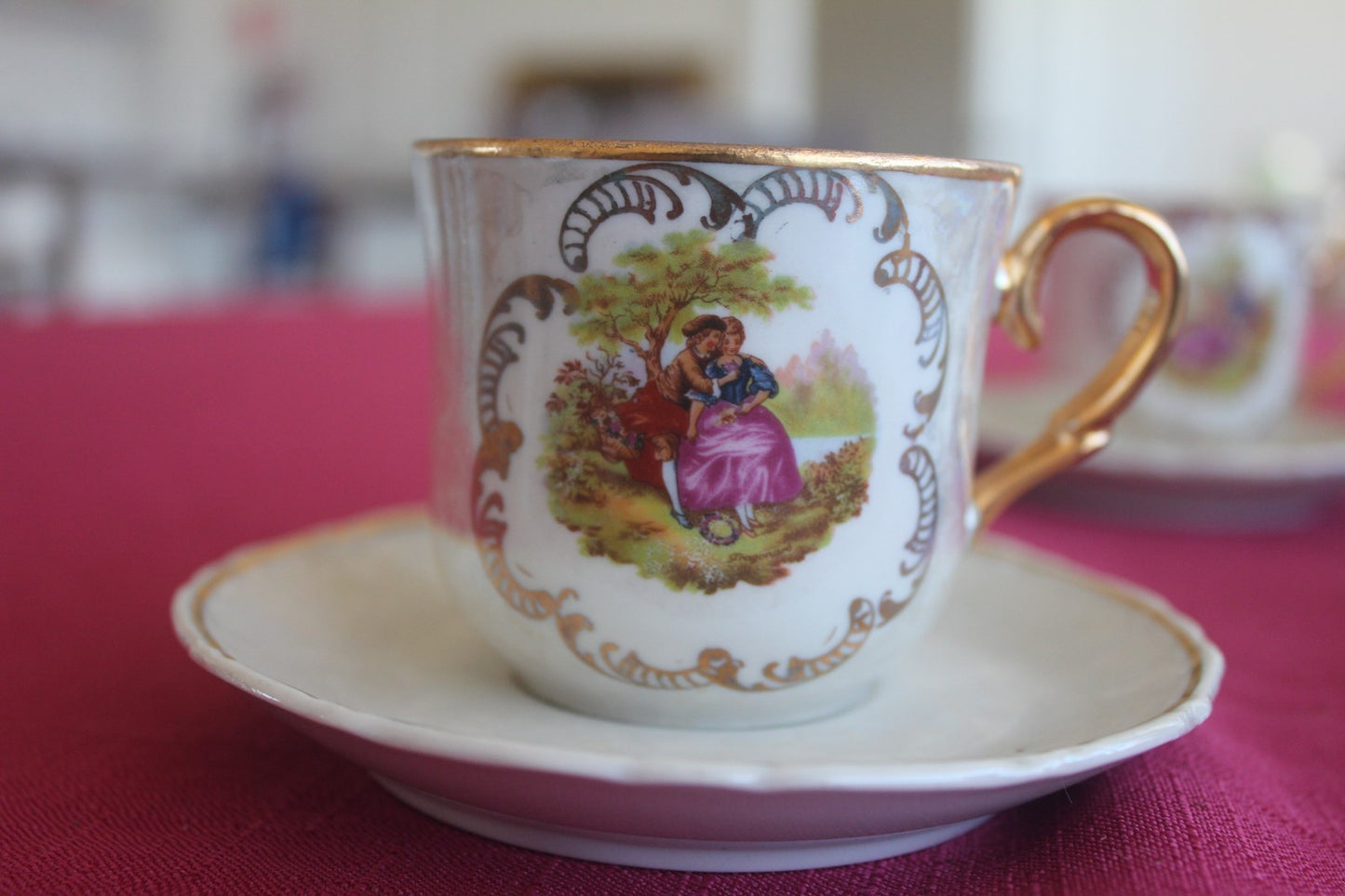 Vintage Nuria Spanish Lustreware Coffee Set – 21pc – Romantic Scenes – c.1950s