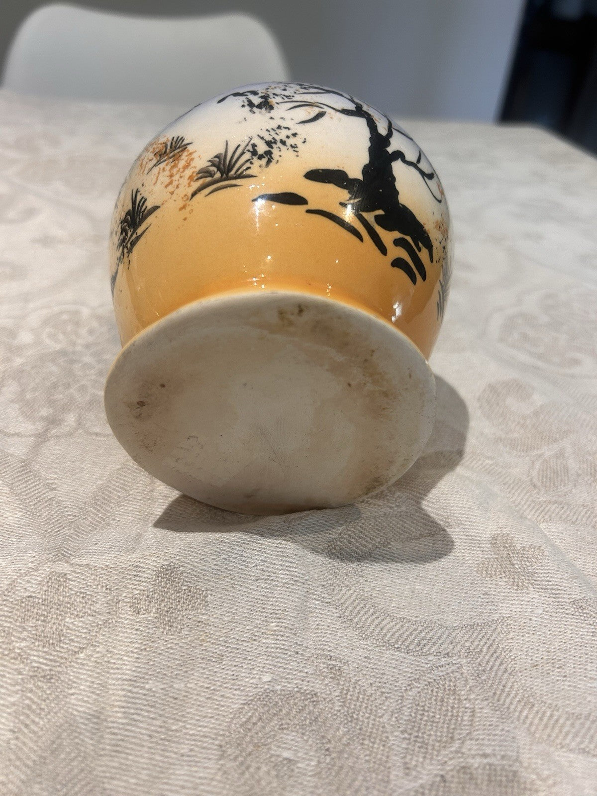 Vintage Hand Painted Scenic Vase Birds Tree Blue Orange Glaze c1960s