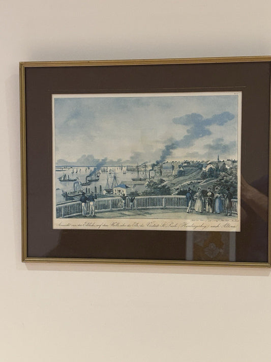 Framed Vintage Offset Print of 19th Century Hamburg Scene – Peter Suhr
