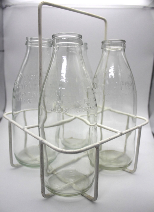 Vintage Glass Milk Bottles & Wire Carrier Set | Australian Dairy History