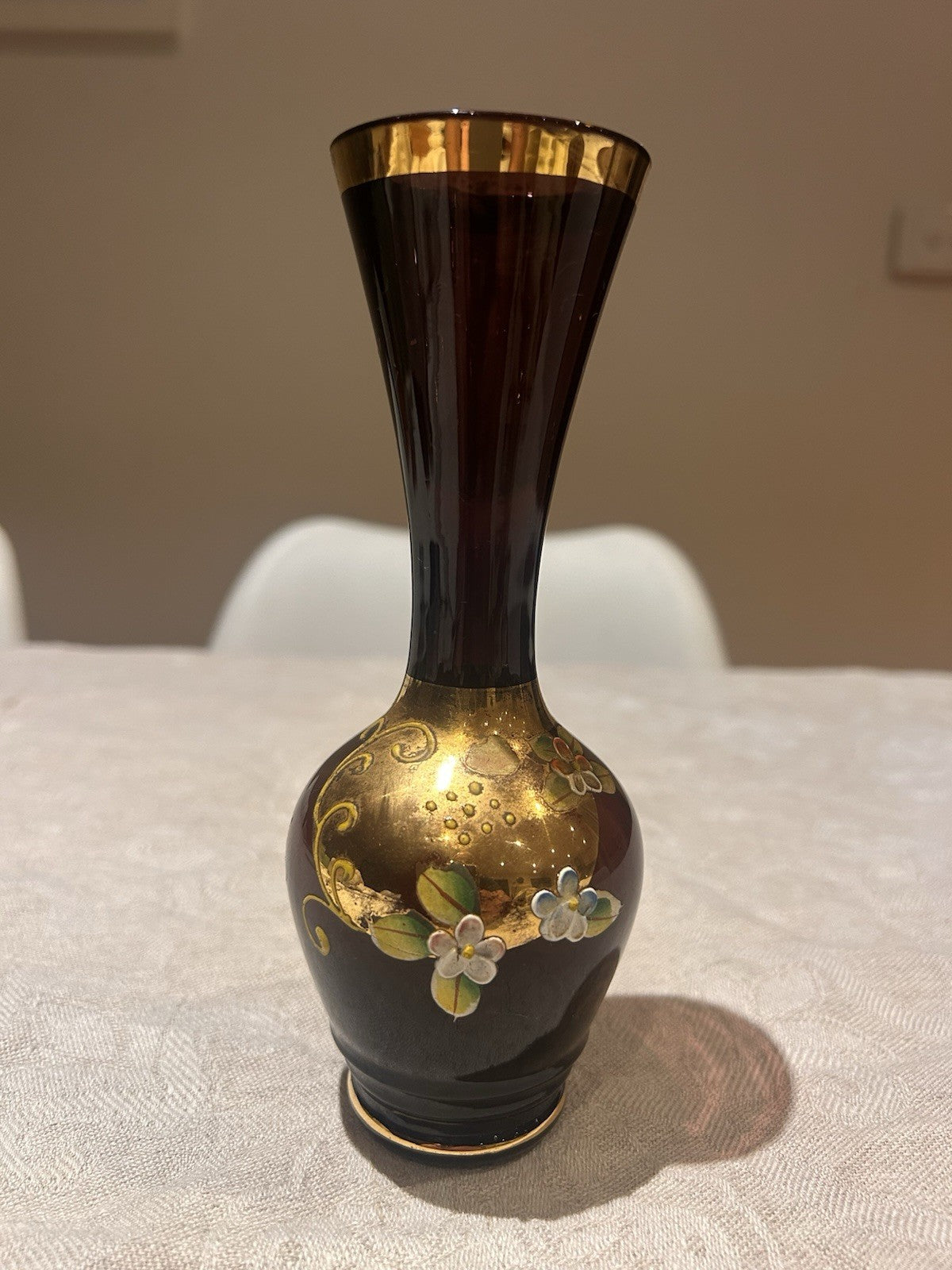 Early 20th Century Hand-Blown Ruby Glass Vase with Gilt & Enamel Floral