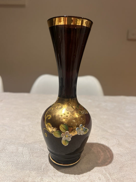 Early 20th Century Hand-Blown Ruby Glass Vase with Gilt & Enamel Floral