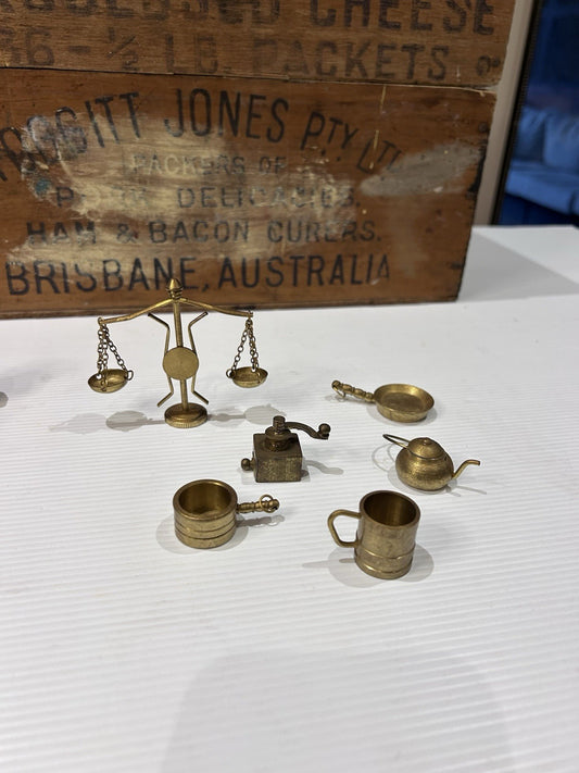Vintage Miniature Brass Kitchenware 6pc Set – Scales, Grinder, Kettle, Pan