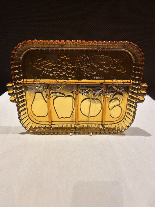 Indiana Glass Fruits Amber Glass Divided Platter Relish Tray Vintage