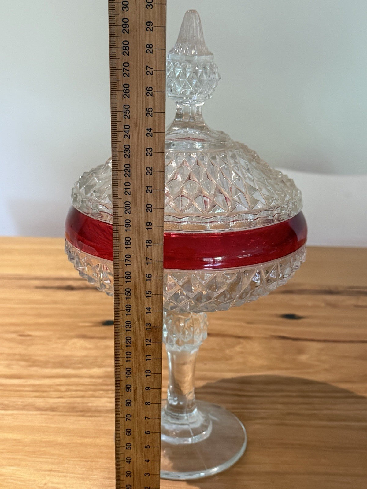 Vintage Indiana Glass Ruby Red Diamond Point Lidded Pedestal Candy Dish USA